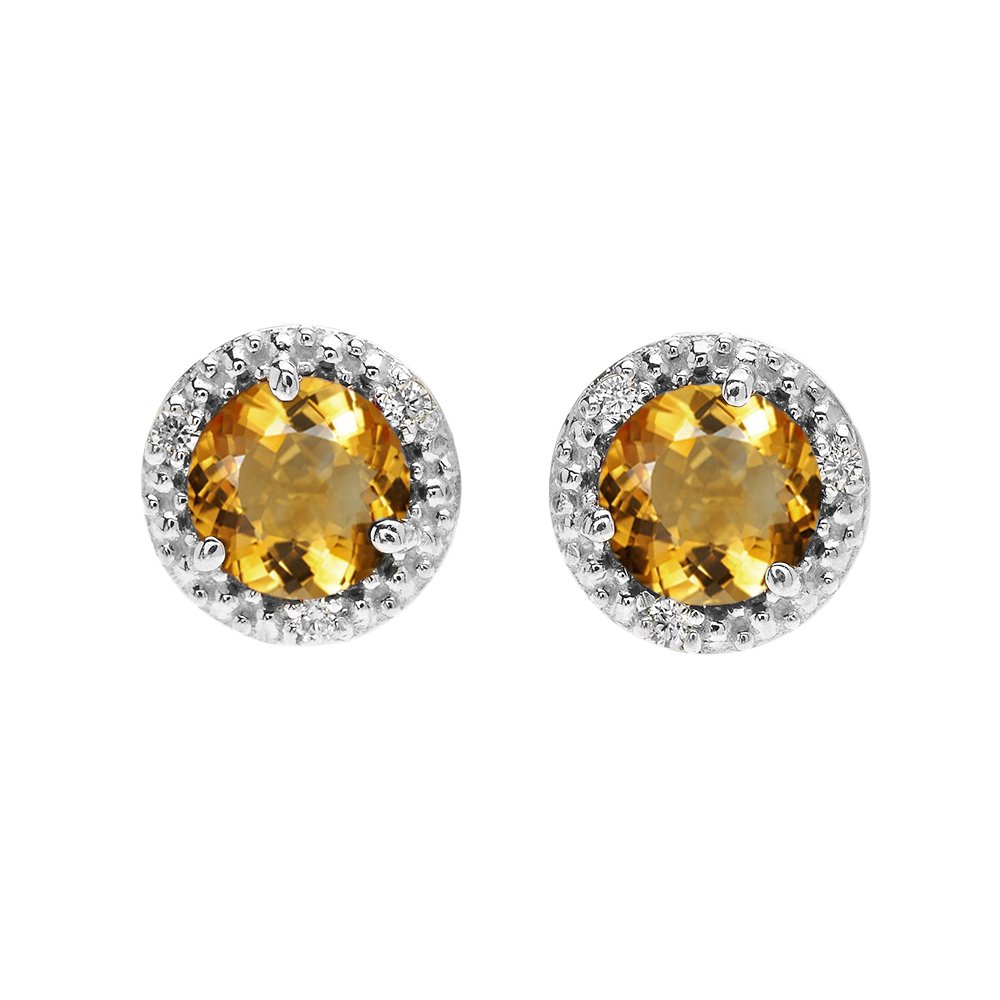 14K White Gold Halo Stud Earrings with Solitaire Citrine & Diamonds – Elegant Jewelry for Women, Perfect for Weddings, Parties & Special Occasions