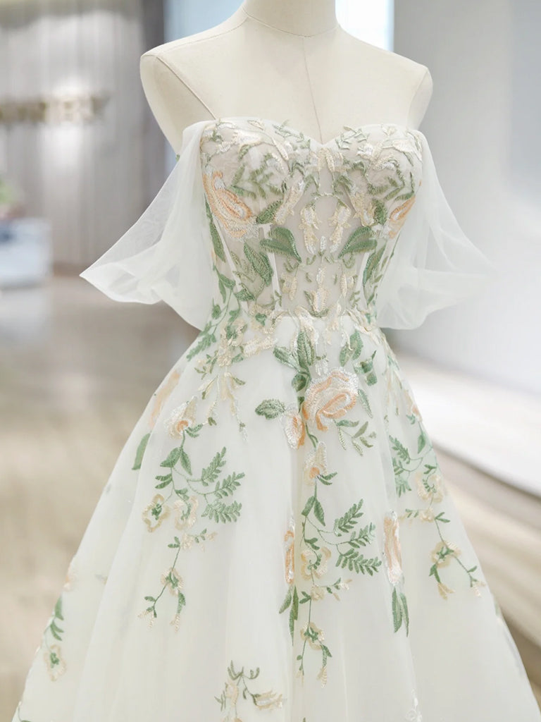 Elegant Ivory A-Line Off-Shoulder Tulle Lace Applique Long Prom Dress - Formal Evening Gown for Homecoming, Wedding, and Special Occasions