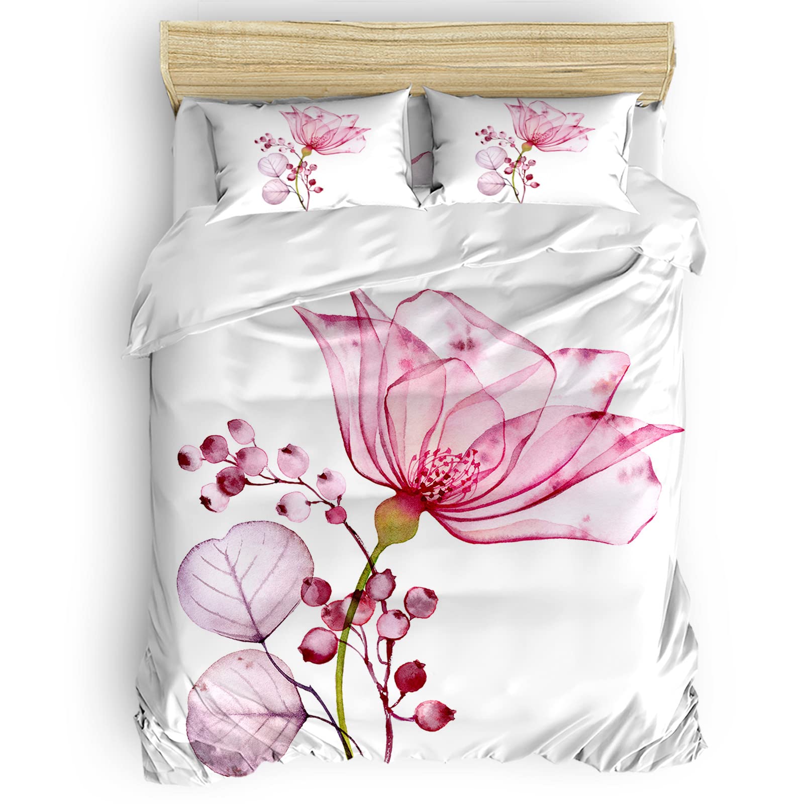 Soft Breathable Watercolor Flower Pink Duvet Cover Set for Twin Bed - 4 Piece Bedding Set with Zipper (1 Comforter Cover, 2 Pillow Shams, 1 Flat Sheet) - Perfect for Kids & Adults Bedrooms, Guest Rooms, and Dorm Decor