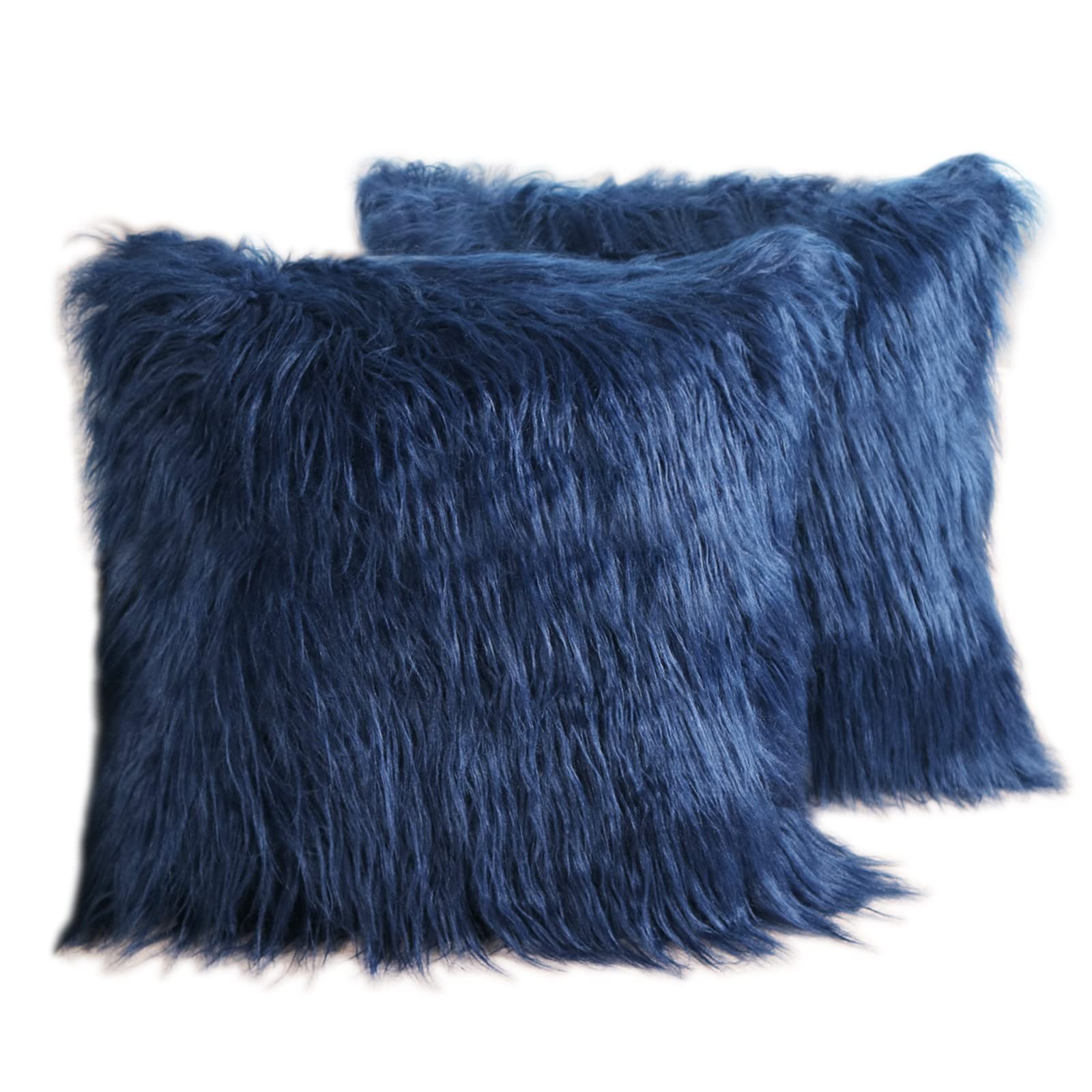 Luxury Faux Fur Throw Pillow Covers 18x18 Inch (45x45cm) - Soft Mongolian Long Fur Square Cushion Covers for Couch, Sofa & Floor - 100% Polyester Home Decor - Navy Blue Set of 2 - Perfect for Living Room, Bedroom & Cozy Home Decor