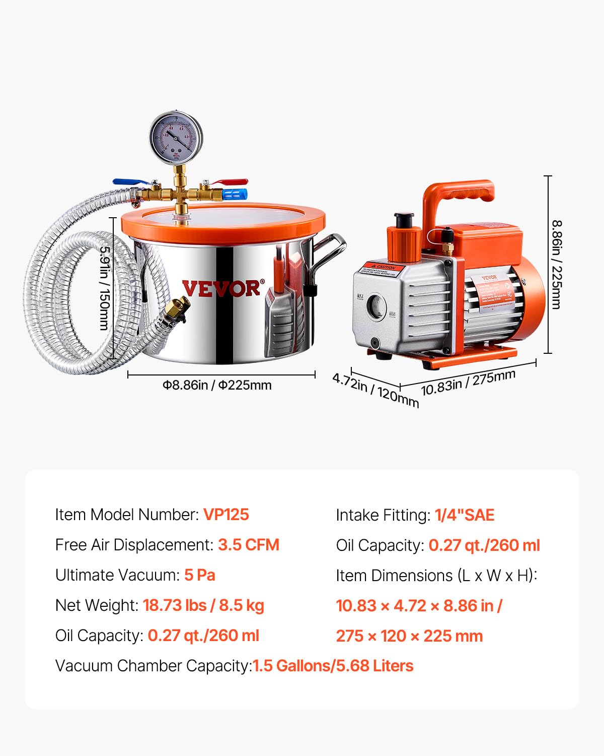 VEVOR 1.5 Gallon Vacuum Chamber & 3.5 CFM Pump Kit - Stainless Steel Degassing Chamber with Acrylic Lid, Oil & 4.92ft Hose - Perfect for Resin, Silicone & Epoxy Degassing - Ideal for Jewelry Making, Mold Casting & DIY Craft Projects