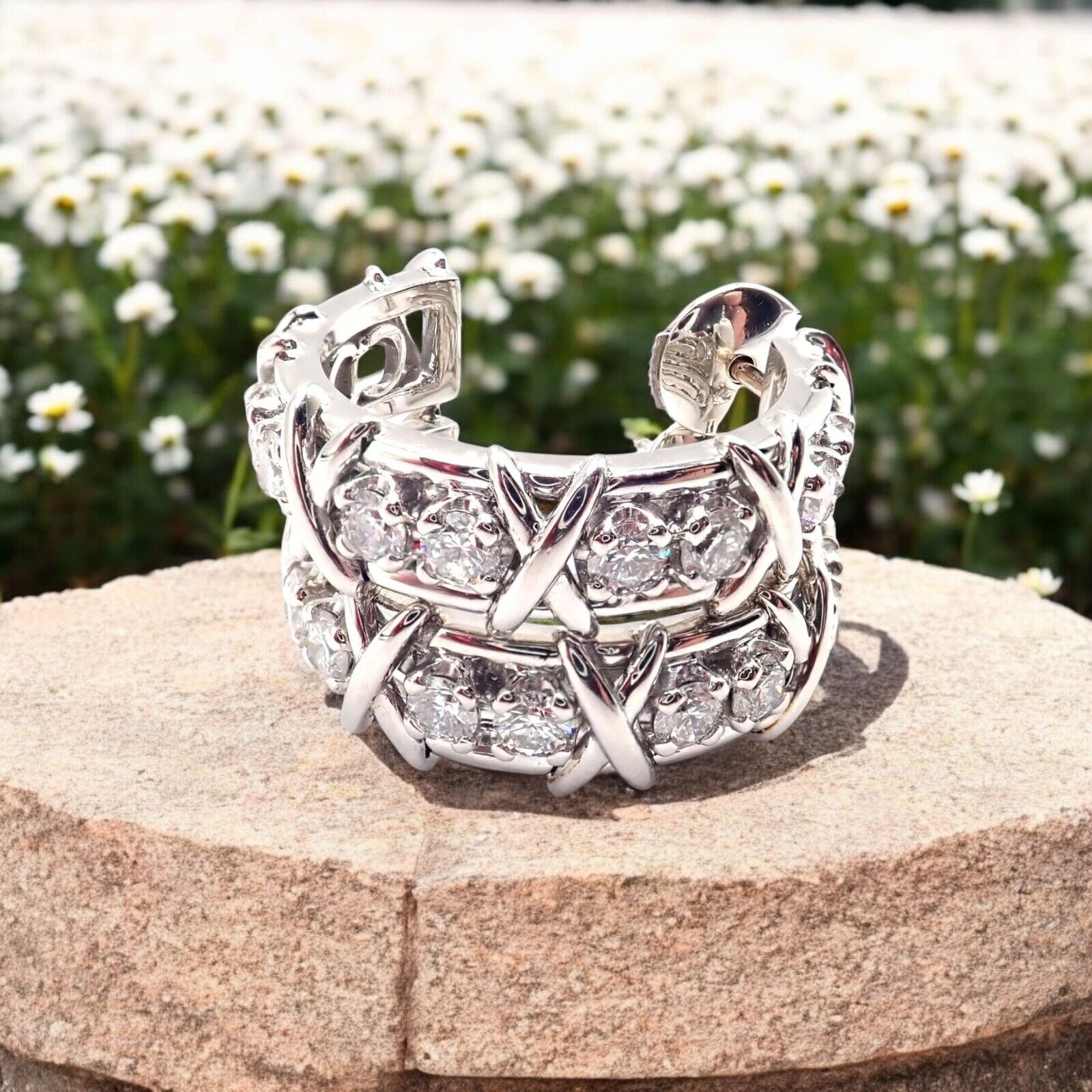 Authentic Tiffany & Co Schlumberger Twenty Stones Platinum Diamond Hoop Earrings for Women - Luxury Jewelry Gift for Anniversary, Wedding & Special Occasions