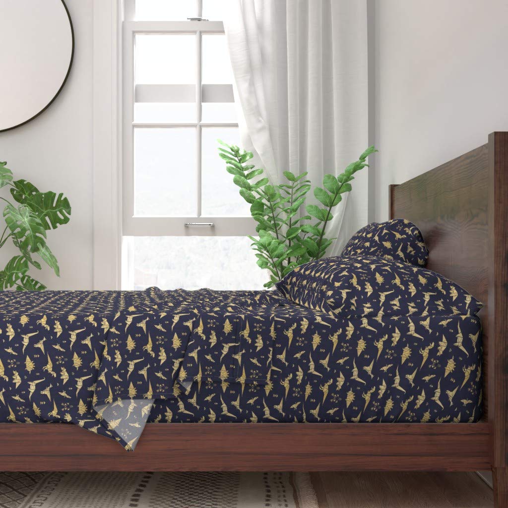 100% Cotton Twin Sheet Set 3pc - Gold Origami Dinosaur Geometric Print | Gender Neutral Kids Nursery Bedding | Boho Chic Home Decor for Boys & Girls Rooms