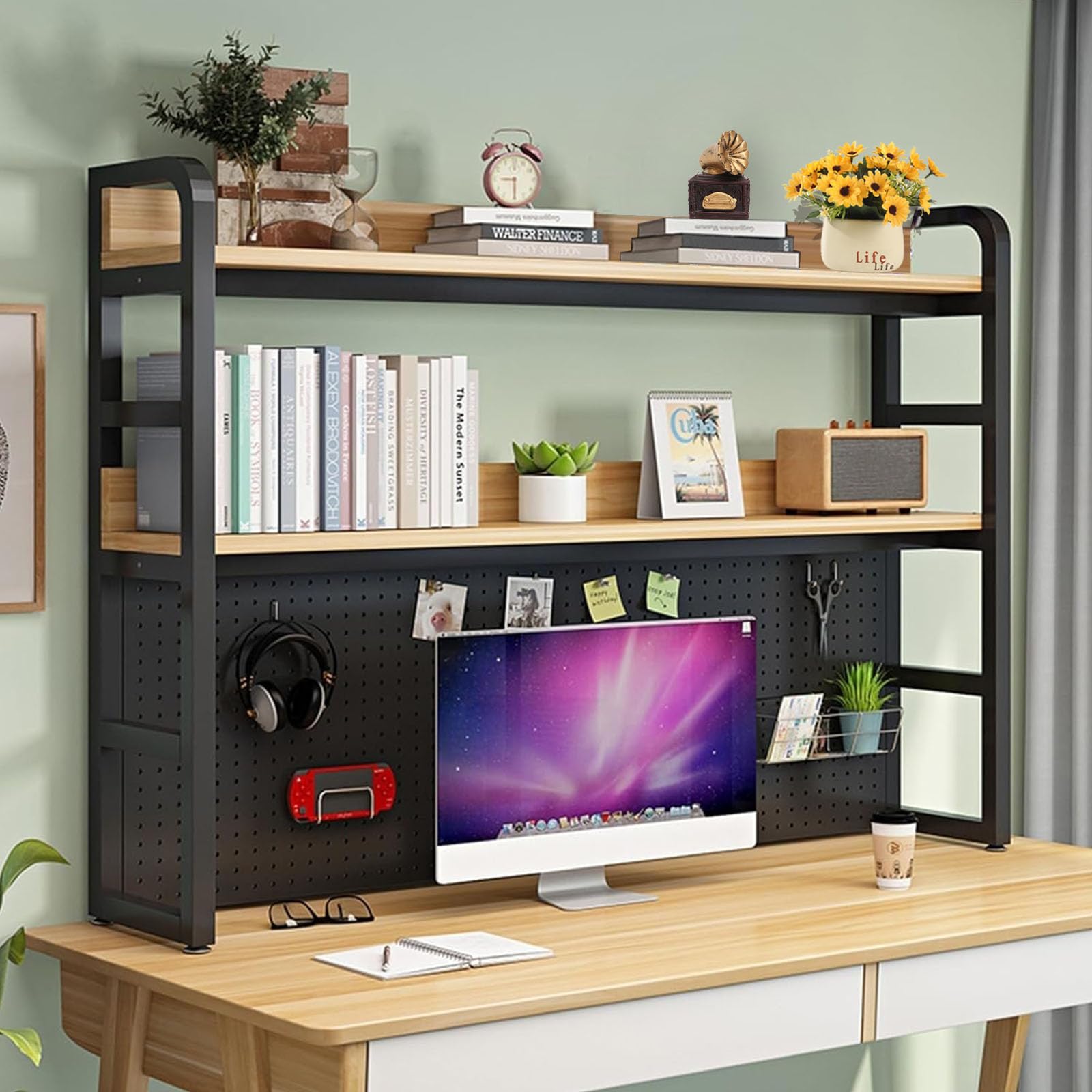 2 Tier Industrial Desktop Bookshelf - Freestanding Storage Rack for Office, Home & Kitchen | 95CM Computer Desk Organizer | Multifunctional Display Shelf for Books, Decor & Essentials - Perfect for Small Spaces & Workspace Organization