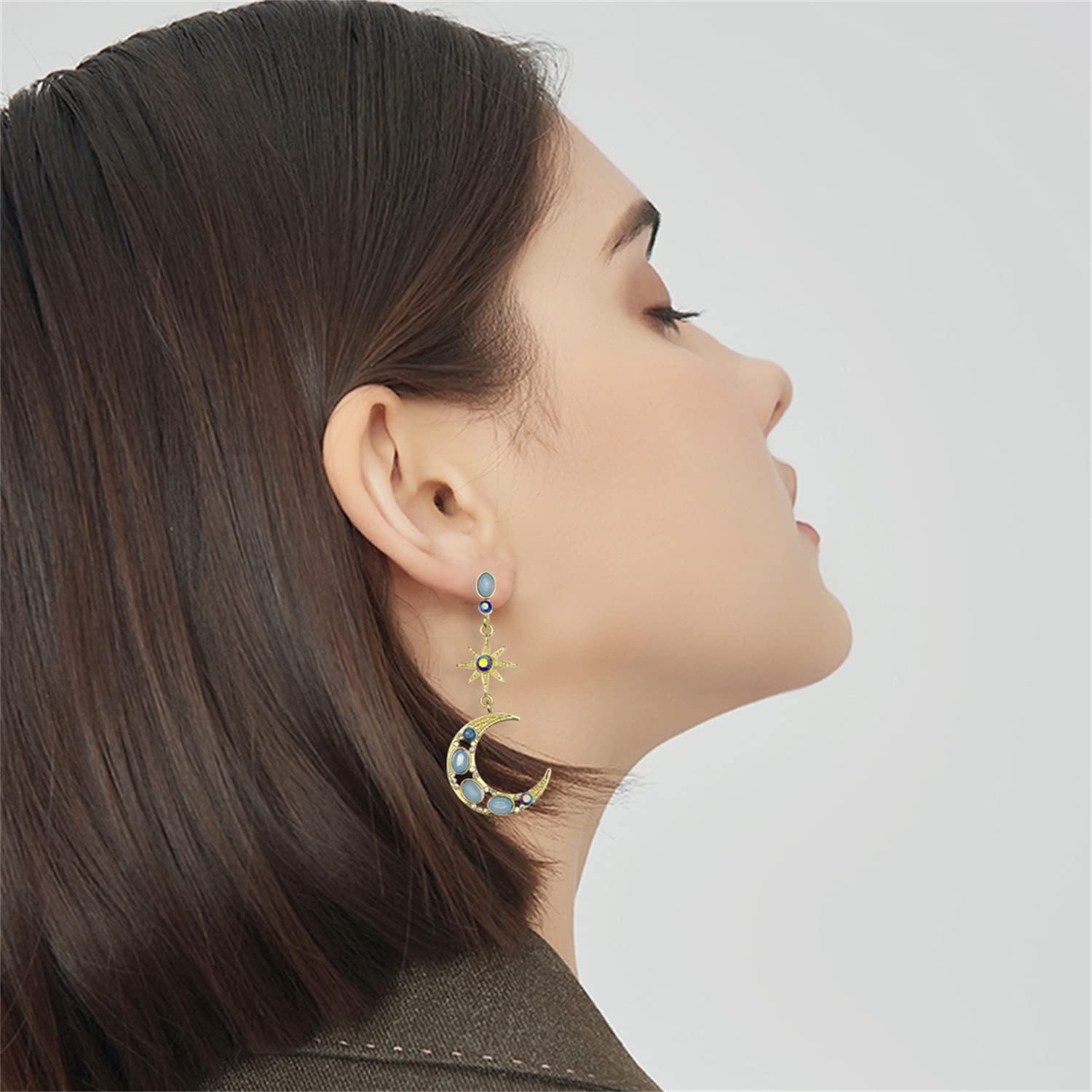 18K Gold Bohemian Crystal Moon Star Dangle Earrings for Women - Sparkly Blue Sun & Moon Drop Earrings - Perfect for Festivals, Parties & Boho Fashion Accessories