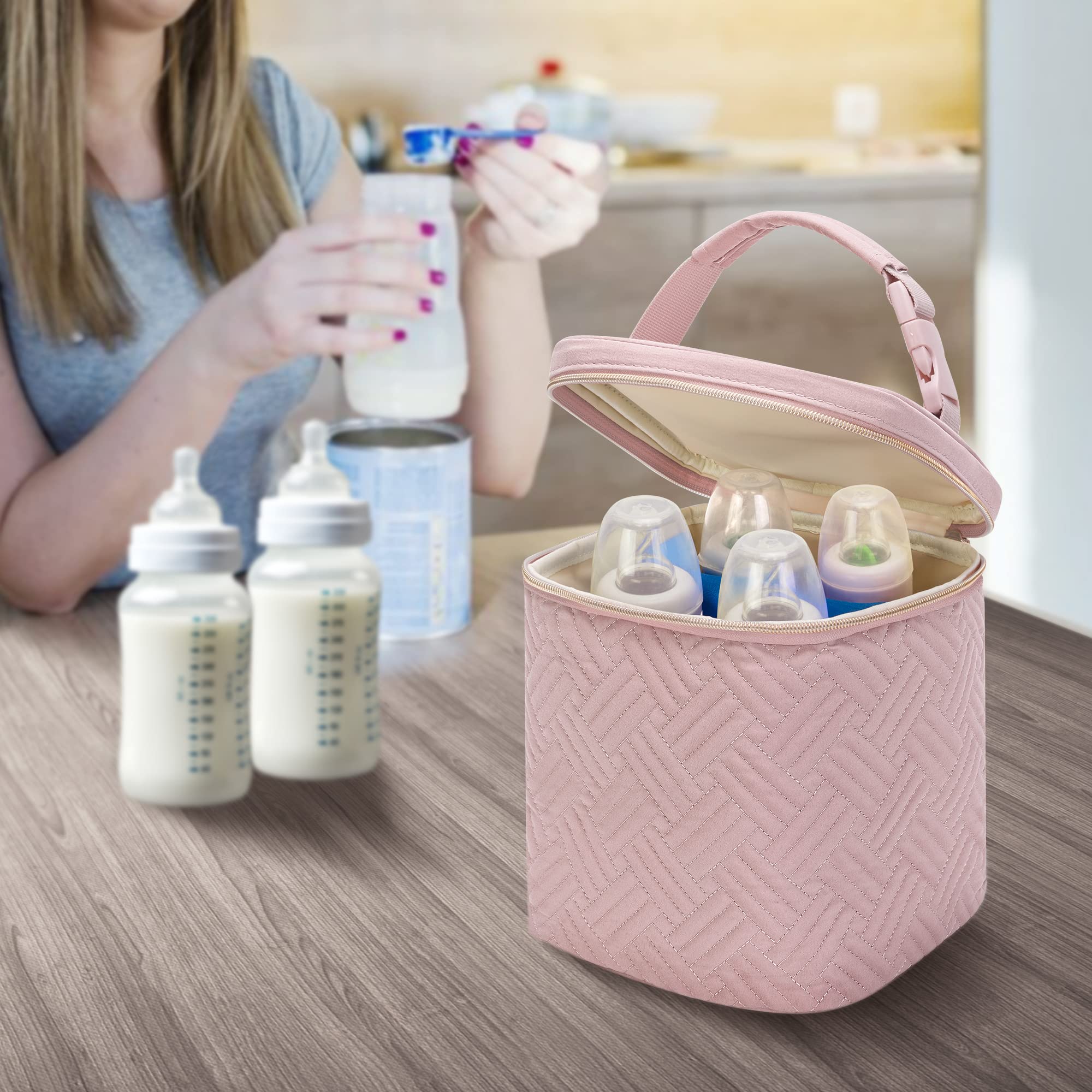 Premium Insulated Breastmilk Cooler Bag with Ice Pack - Holds 4 Large 9oz Baby Bottles | Portable Nursing Cooler for Daycare, Travel & On-the-Go Moms | Stroller-Compatible Design in Pink (Patent Pending) - Perfect for Pumping at Work, Park Outings & Family Road Trips