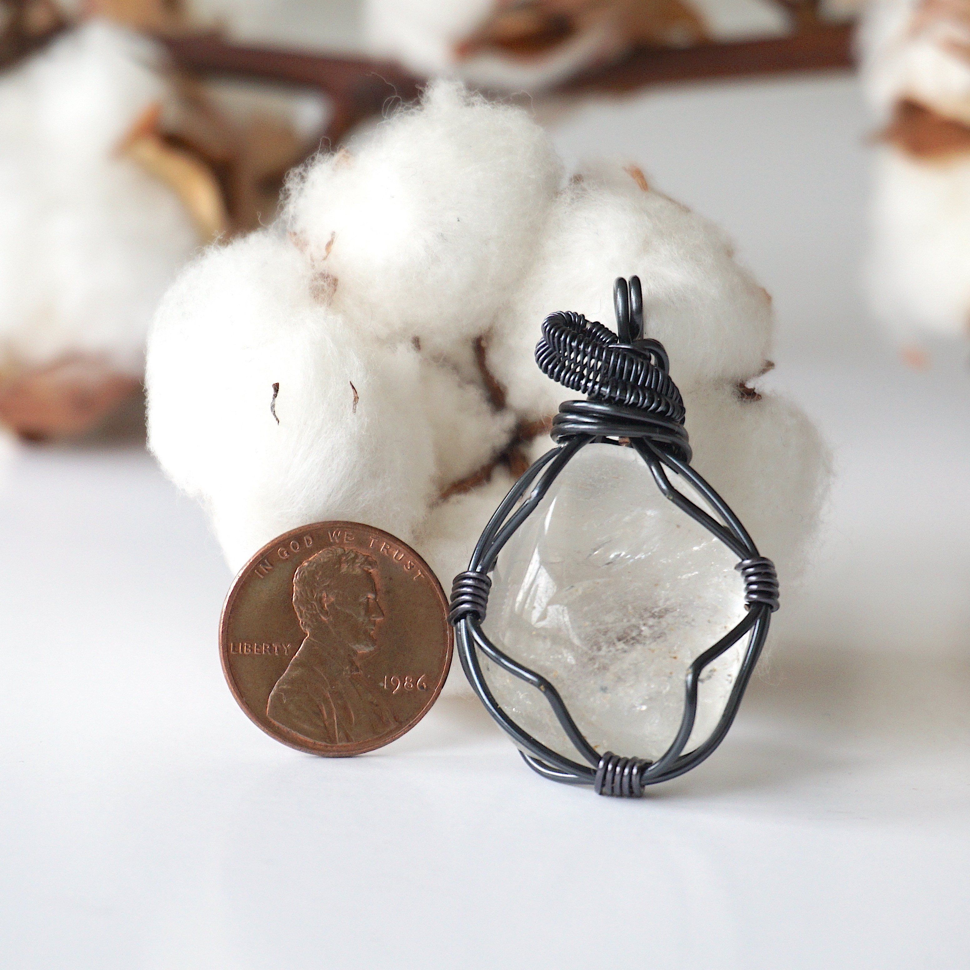 Natural Clear Quartz Pendant Necklace with Gunmetal Wire Wrap - Healing Crystal Jewelry for Meditation, Energy Cleansing & Spiritual Protection