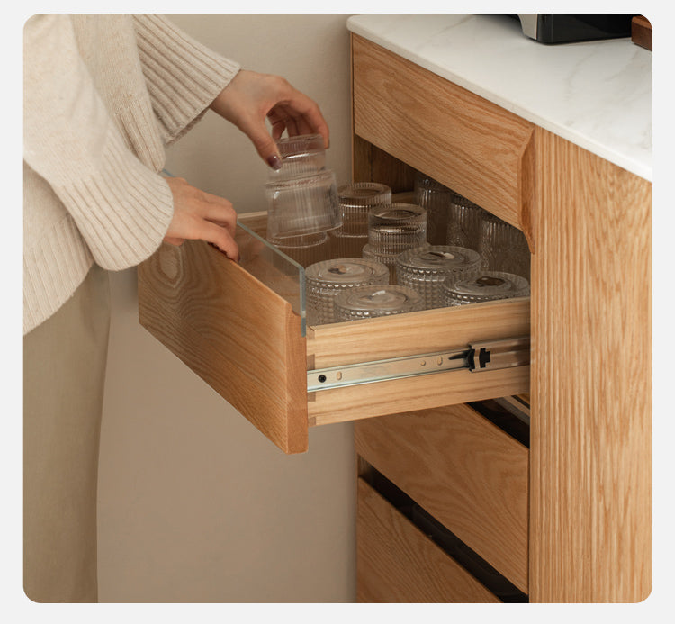 Solid Oak Wood Modern Rock Board Side High Tea Cabinet Buffet - Stylish Storage for Dining Room, Living Room & Kitchen | Perfect for Tea Parties, Buffets & Home Decor