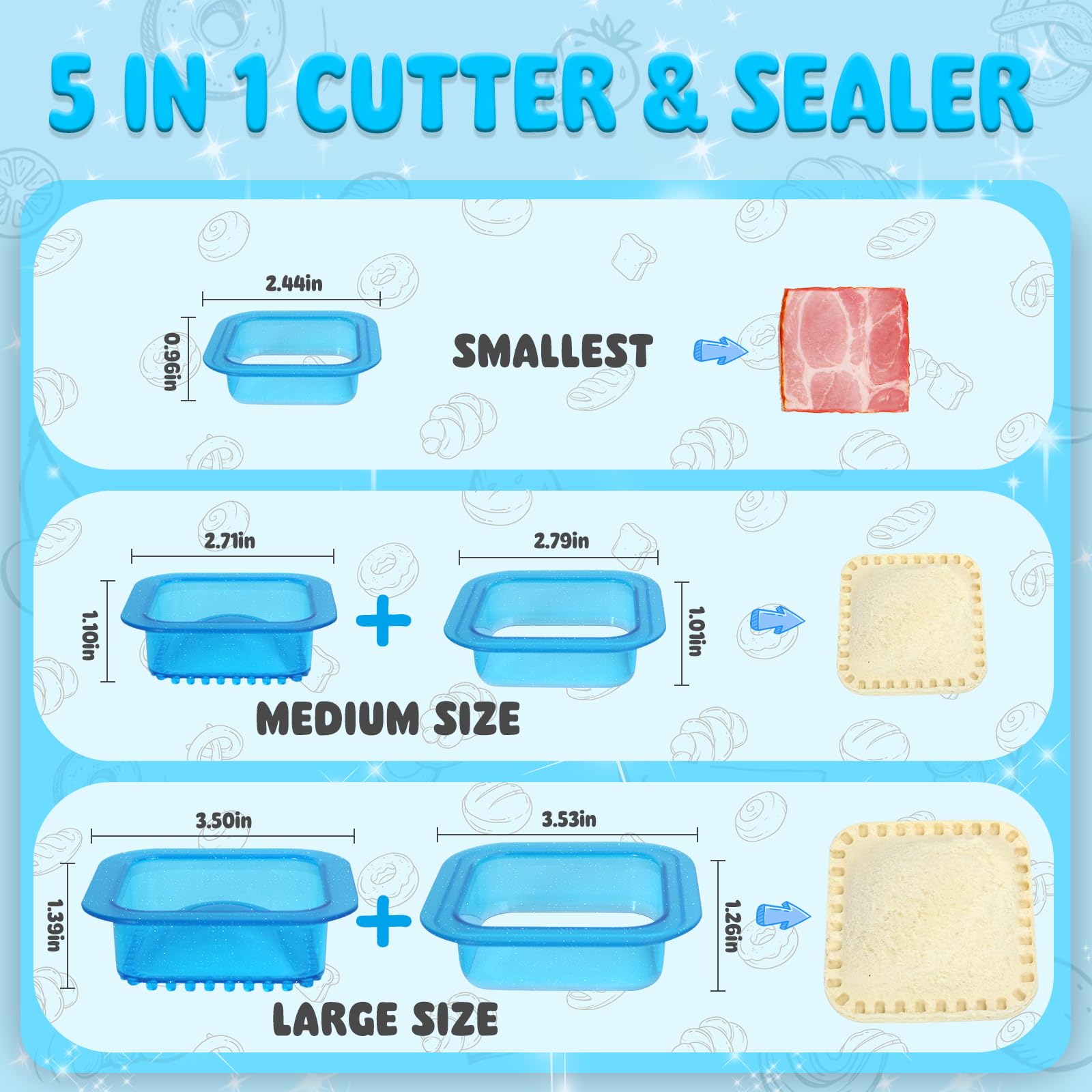 HiYZ 5-Piece Square Sandwich Cutter and Sealer Set - Glitter Sandwich Cutters for Kids Lunch Box, Crustless Sandwich Maker for Peanut Butter & Jelly, Fun Cookie Cutters - Perfect for School Lunches, Picnics and Party Snacks