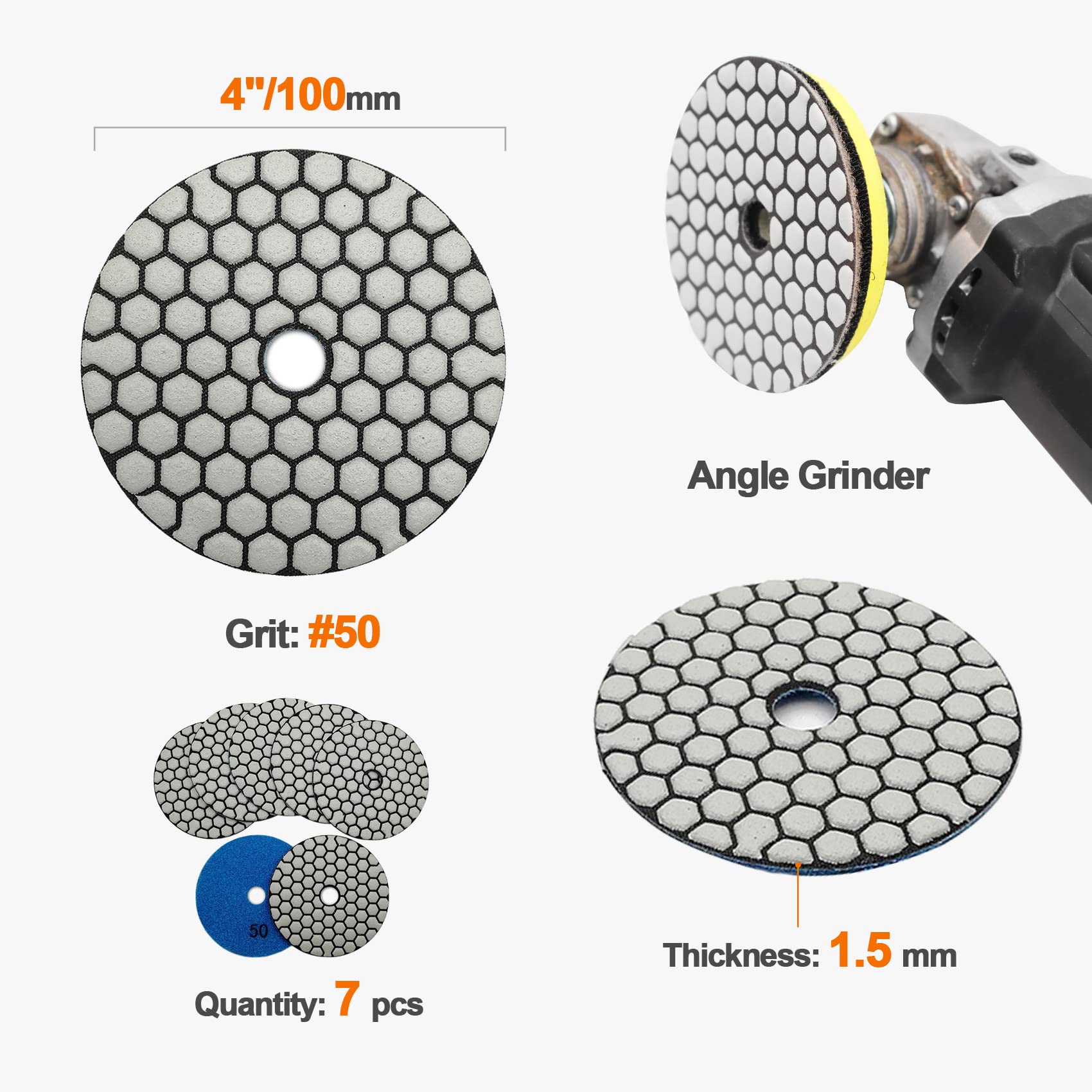 7pcs 4 Inch Diamond Polishing Pad Set #50 Grit for Granite, Marble, Quartz Countertops - Wet/Dry Sanding Disc Kit for Grinder & Polisher - Perfect for Stone Restoration, Floor Polishing & DIY Projects