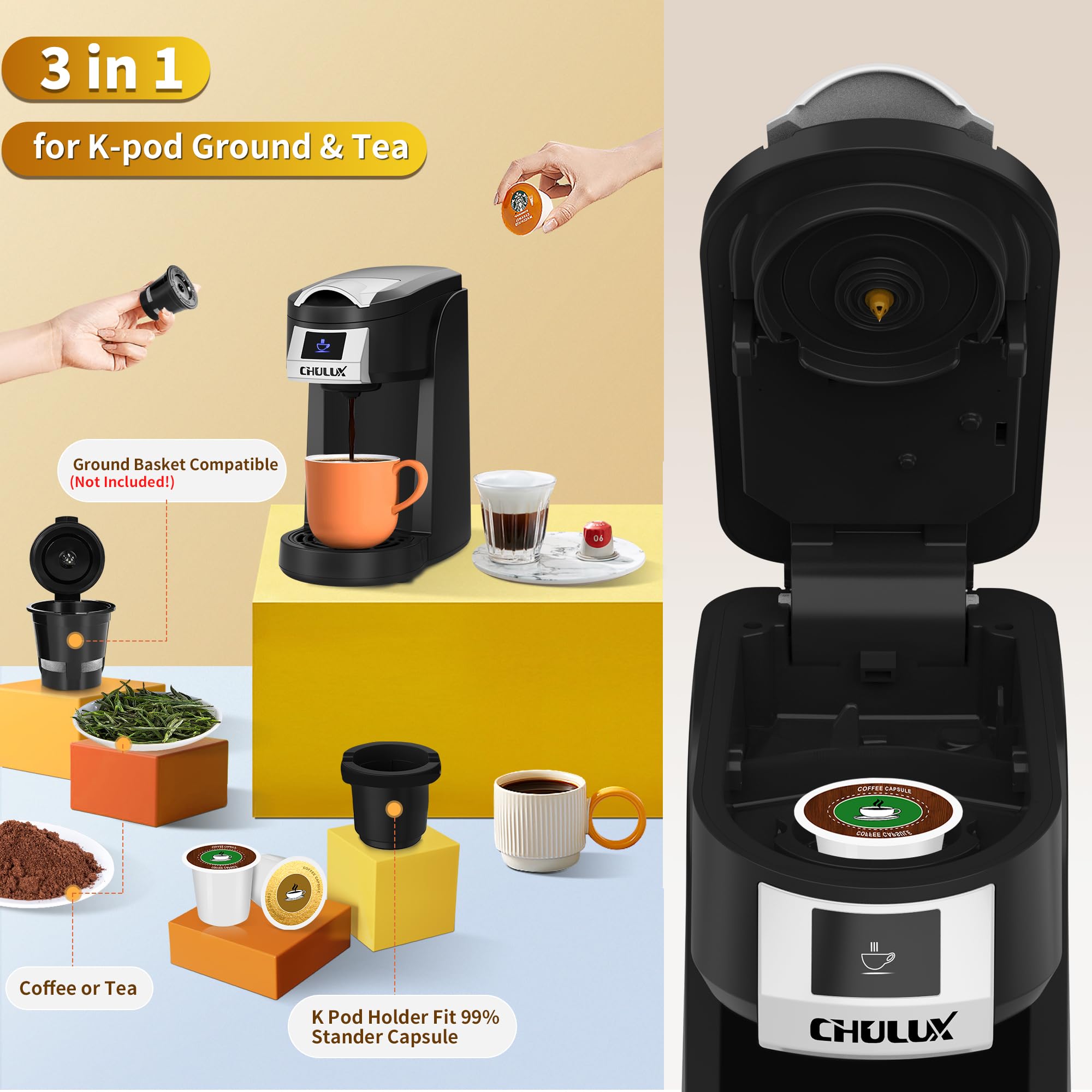 CHULUX Single Serve Coffee Maker for K-Cup & Ground Coffee - 5 to 12oz Brew Sizes, Auto Shut-Off, Fast Brewing in Minutes - Compact & Portable Coffee Machine for Home, Office, Travel, Dorm & Kitchen Use - Perfect for Morning Coffee, Office Breaks & Camping Trips