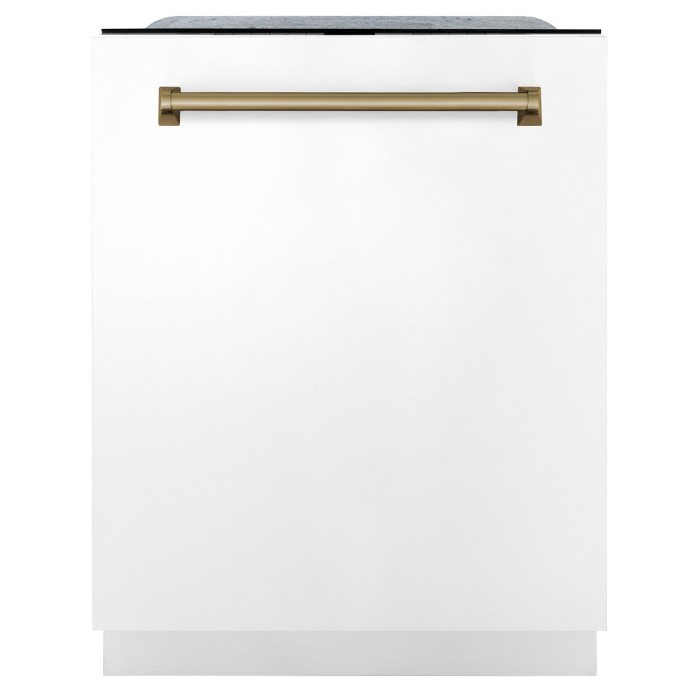 ZLINE Autograph Edition 24 Inch Monument Series 3rd Rack Top Touch Control Tall Tub Dishwasher - White Matte with Champagne Bronze Handle, 45dBa Ultra Quiet (DWMTZ WM 24 CB) | Perfect for Modern Kitchens, Open Concept Homes & Luxury Apartments