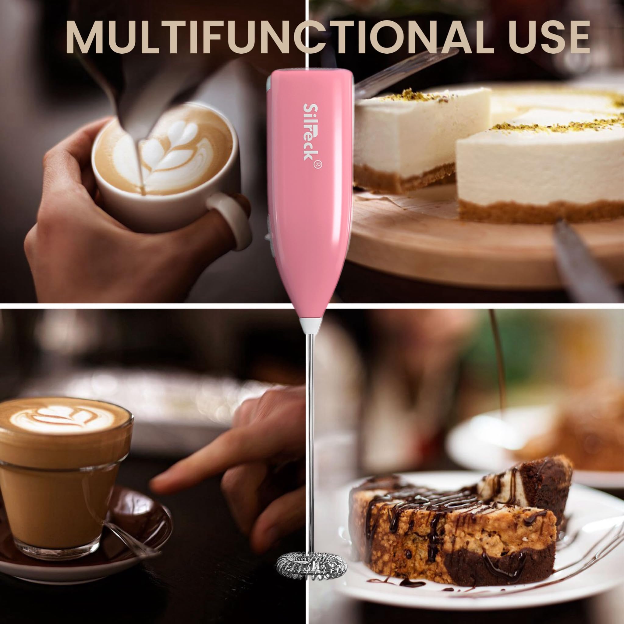 Electric Milk Frother Handheld - Automatic Milk Foam Maker for Coffee, Cappuccino, Latte & Hot Chocolate | Battery-Powered Whisk for Frothing Milk, Mixing Eggs & Making Milkshakes | Perfect for Home, Office & Cafe Use (Pink)