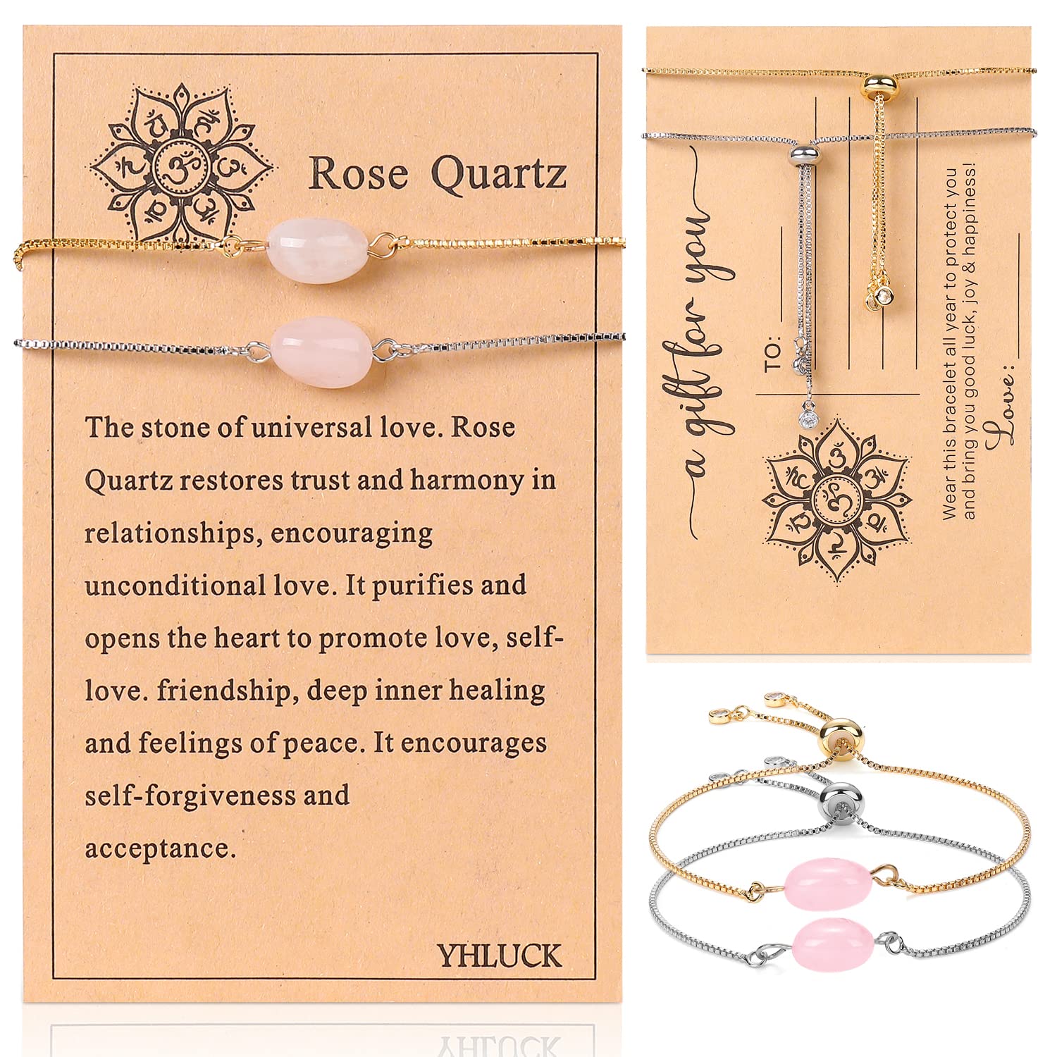 Natural Crystal Healing Bracelet Set - 24K Gold Plated Quartz Friendship Wish Bracelets with Message Card for Health, Wealth & Positive Energy | Spiritual Jewelry Gift for Women, Christmas, Birthday & Meditation Practice