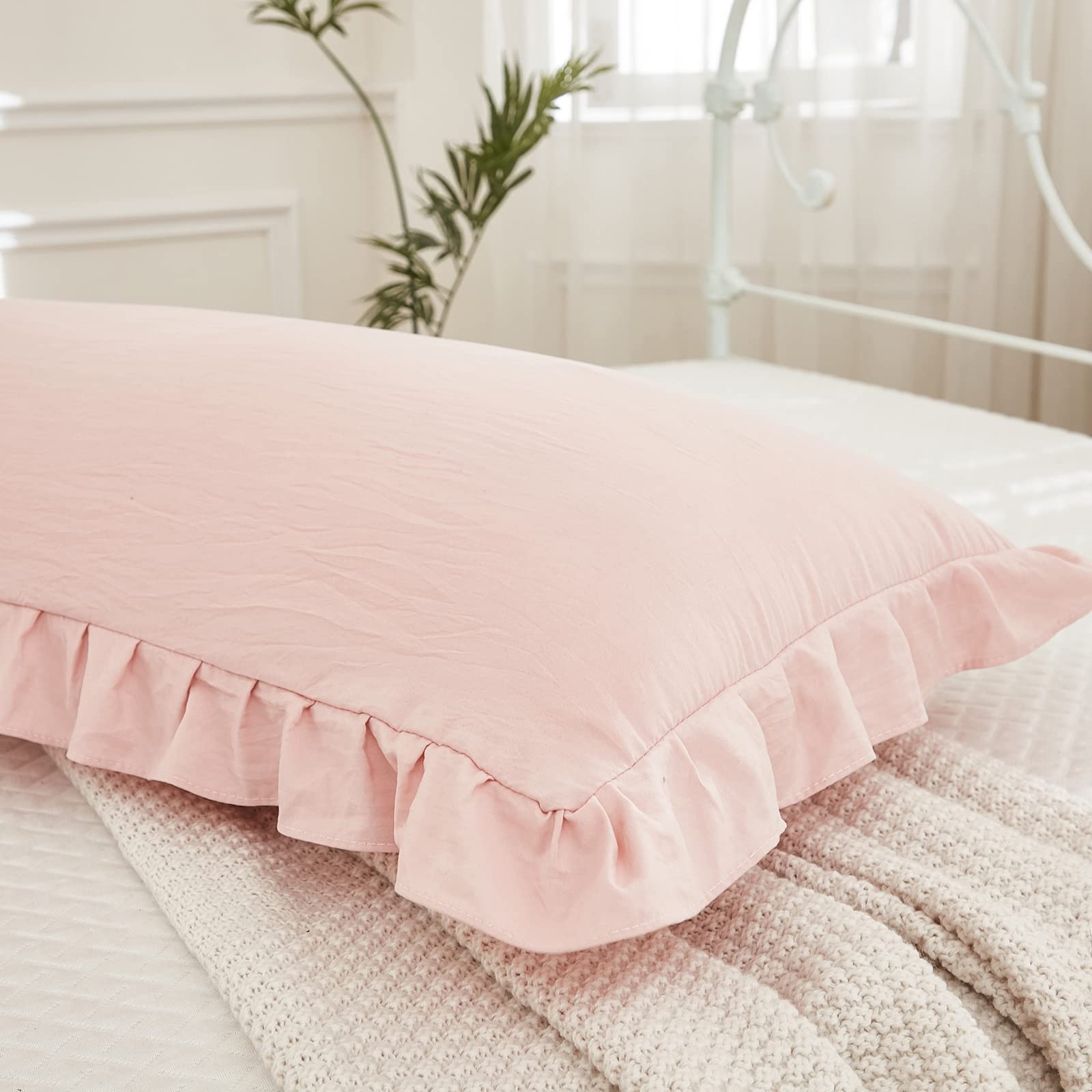 Pink Ruffled Body Pillow Cover 20x54 Inches - Soft Shabby Chic Decorative Pillowcase with Fringe Trim for Bedroom, Living Room, or Dorm Decor (1 Piece, Pink)