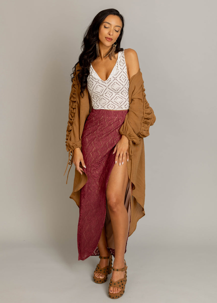 Anita Skirt in Deep Rose - Women's Floral Midi Skirt with Elastic Waist | Perfect for Spring Outfits, Office Wear & Date Nights