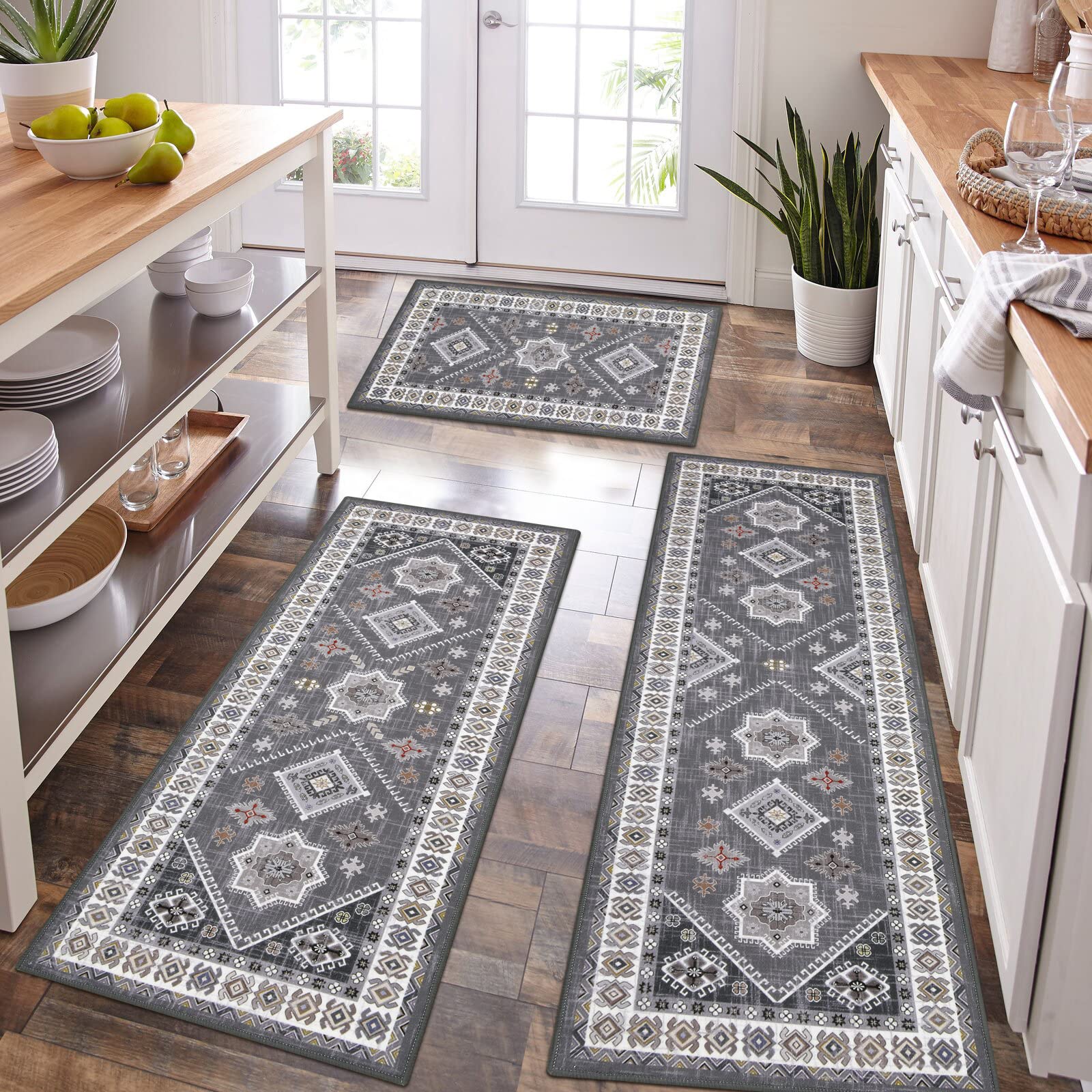 HEBE Boho Kitchen Rug Set - 3 Piece Non-Slip Washable Rugs with Runner | Thick Floor Mats for Kitchen, Hallway & Laundry Room | Perfect for Holiday Decor & Home Decorating
