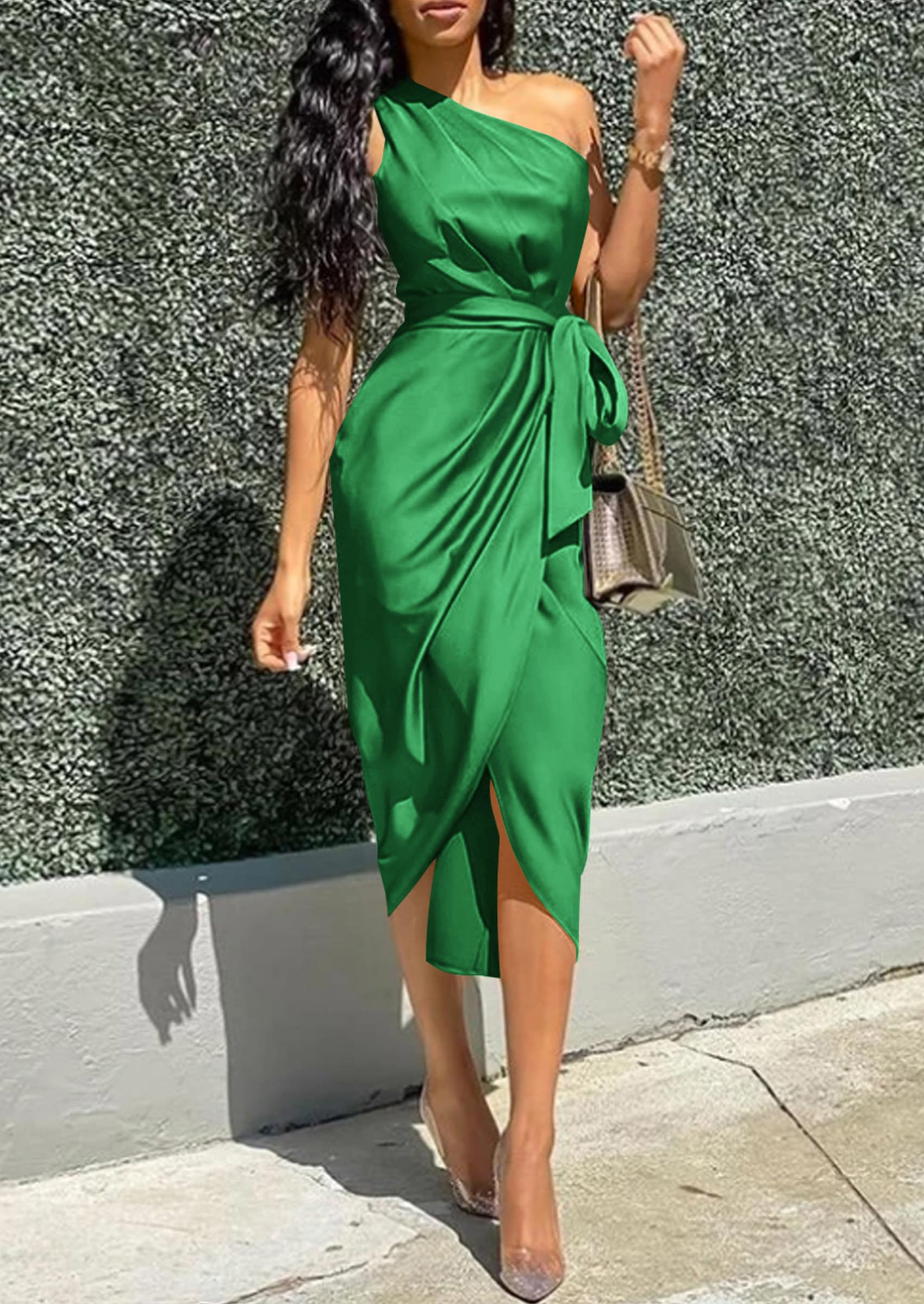 PRETTYGARDEN Women's Sexy Ruched Bodycon Dress - Sleeveless One Shoulder Wrap Satin Cocktail Dress for Wedding Guest, Party, Date Night & Special Occasions