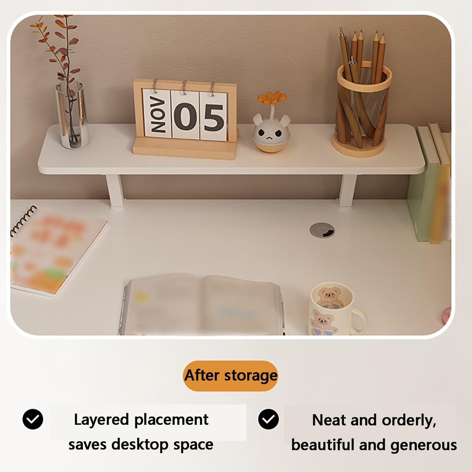 Clamp-On Desk Hutch Organizer - 60x20cm White Multipurpose Shelf for Laptop, Monitor & Office Supplies | Space-Saving Dorm Desk Extension, Computer Riser & Countertop Organizer | Perfect for Home Office, Study Room & Small Workspaces
