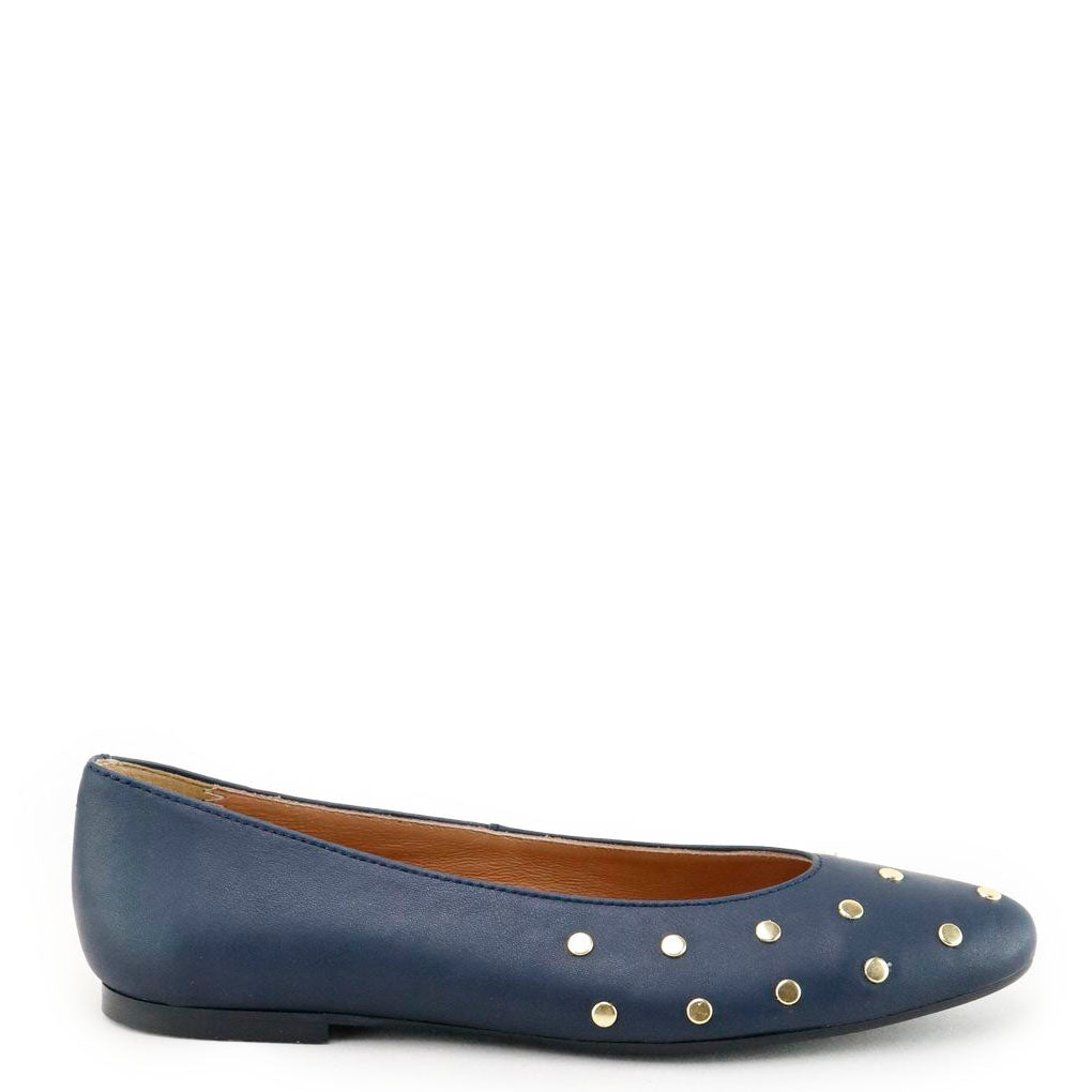 **Papanatas Navy Studded Leather V Flat Shoes - Stylish Women's Casual Loafers for Work, Office & Everyday Wear**
