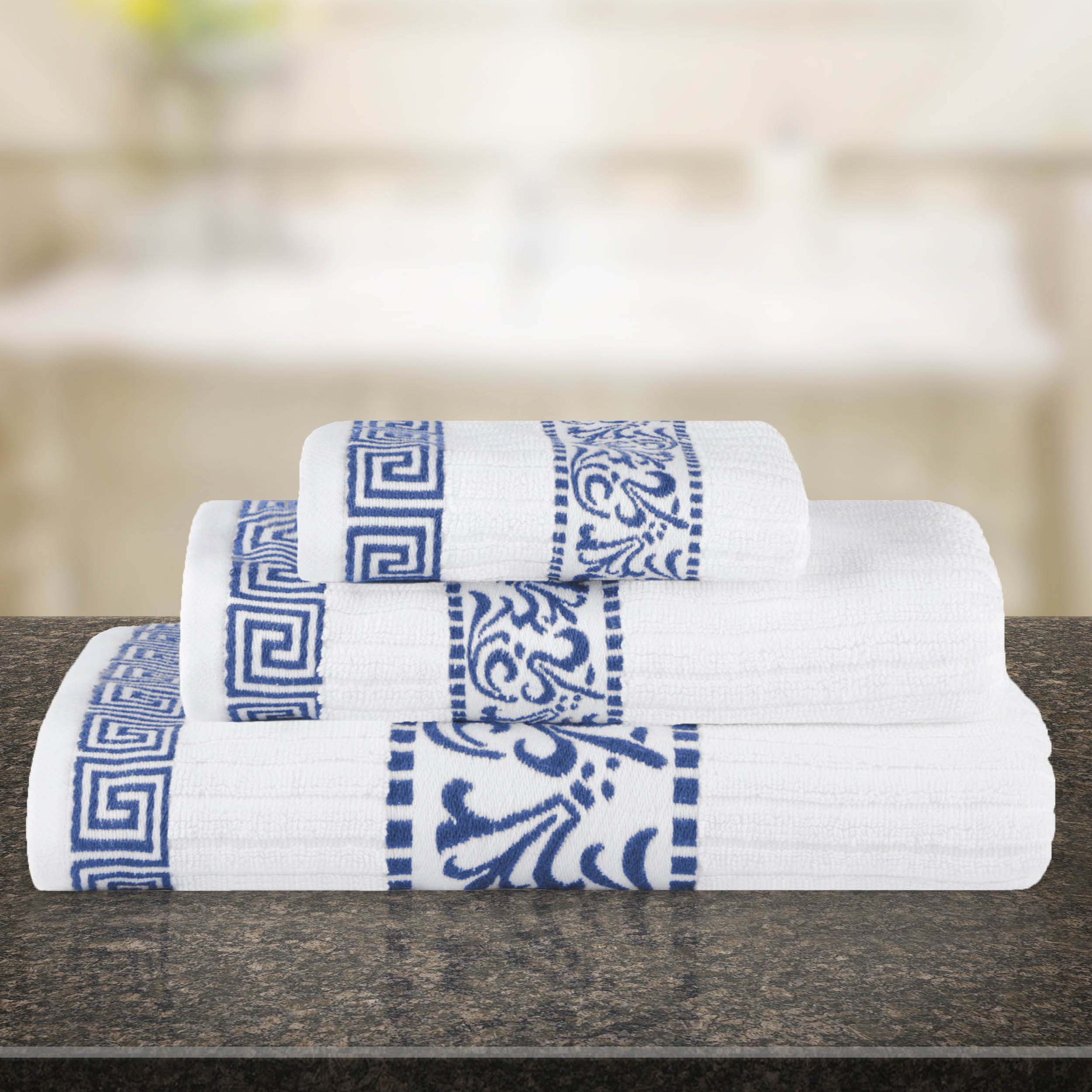 Premium Athens Cotton Greek Scroll & Floral 3-Piece Bath Towel Set - Soft Absorbent Luxury Towels for Spa, Bathroom & Guest Use