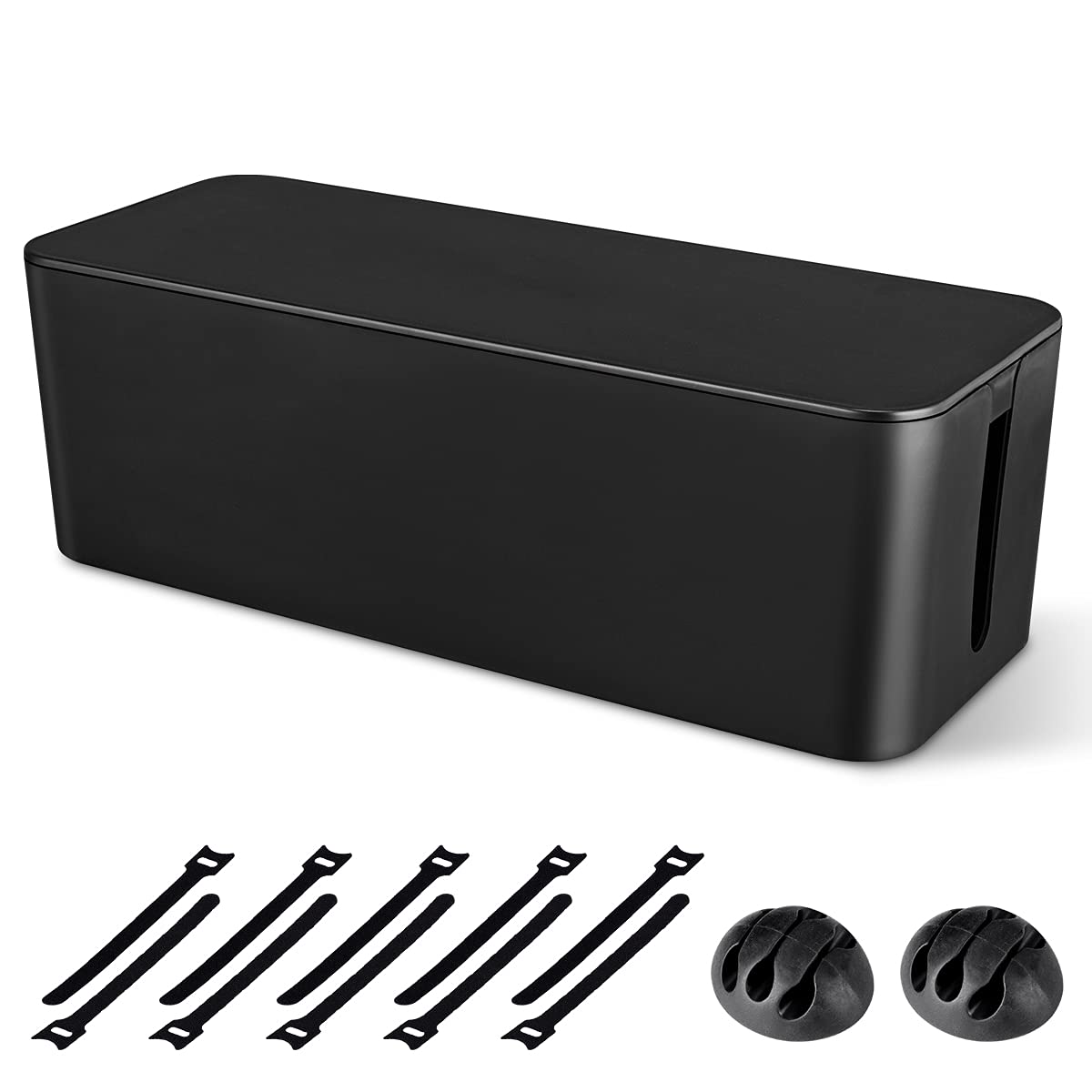 Large Cable Management Box - Cord Organizer to Hide Power Strips & Wires Under Desk/TV/Computer - Includes Cable Clips & Reusable Ties - Perfect for Home & Office Organization (Black) - Ideal for Living Room, Bedroom, Gaming Setup and Workspace Cable Management