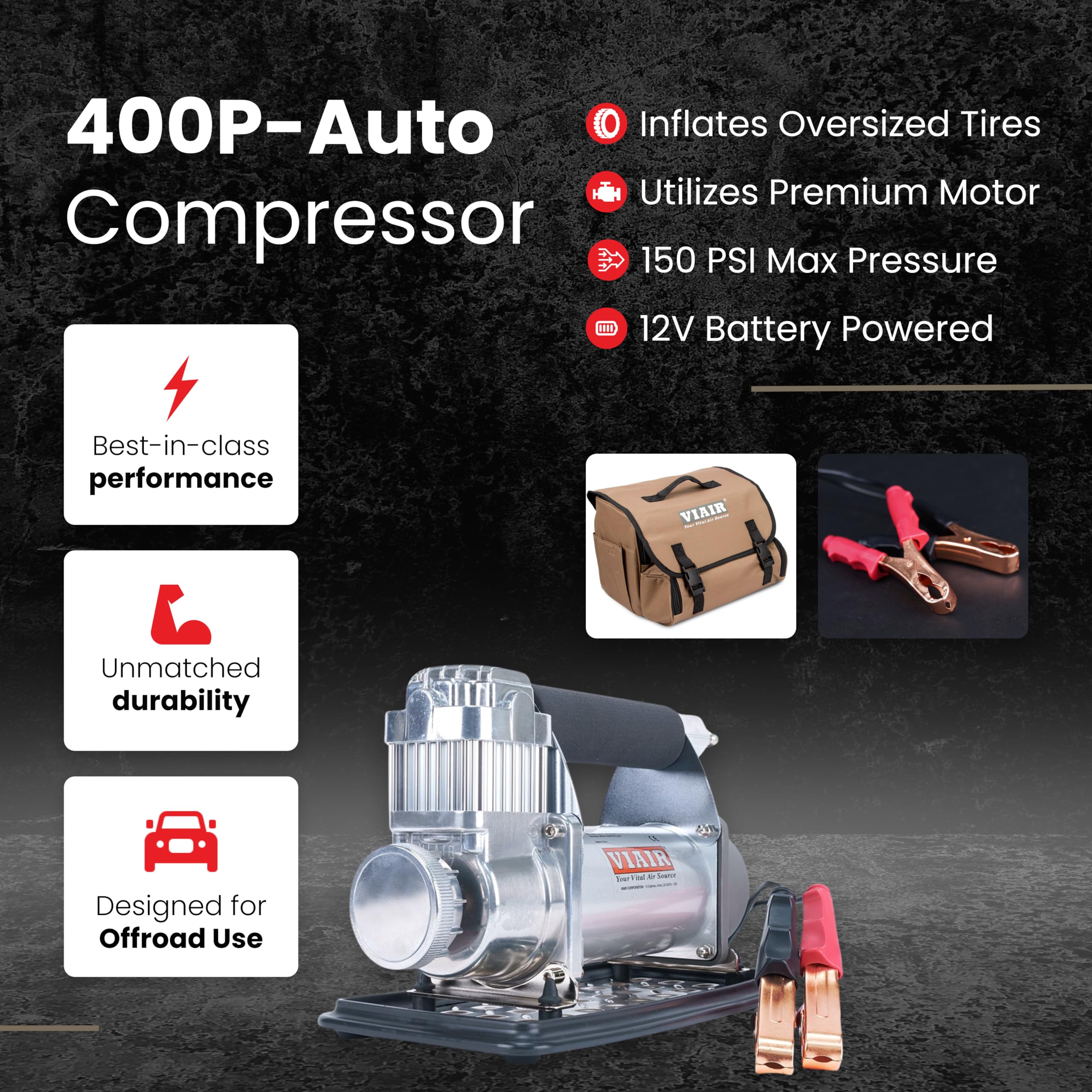 VIAIR 400P/40045 Automatic Portable Air Compressor - 150 PSI Tire Inflator Kit for Trucks, Jeeps, SUVs & Cars | Fast 2.30 CFM Inflation | 33% Duty Cycle | Ideal for Roadside Emergencies, Off-Roading & Garage Use