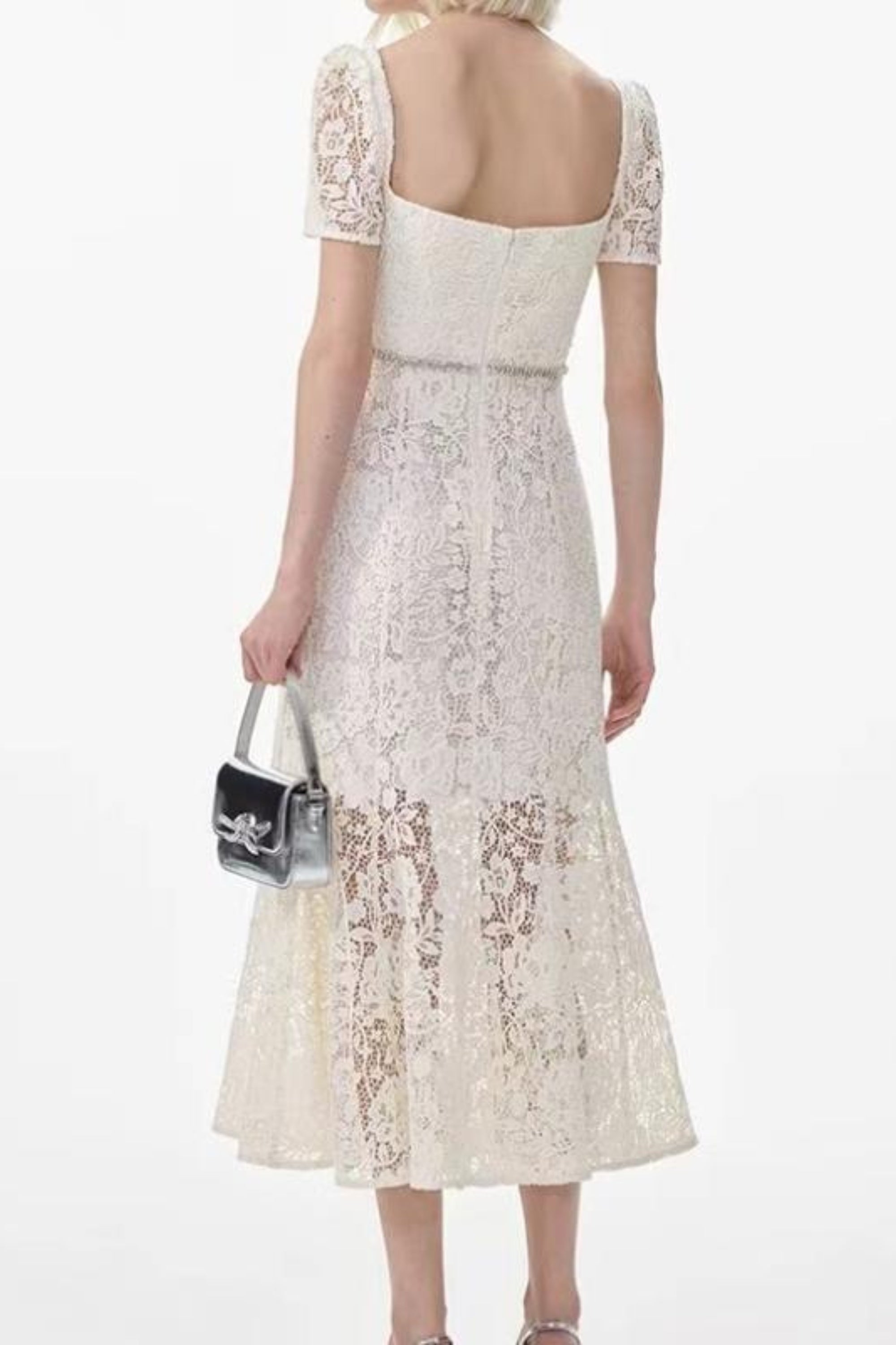 Elegant Diamond Embellished Lace Mermaid Midi Dress for Women - Perfect for Weddings, Parties & Special Occasions