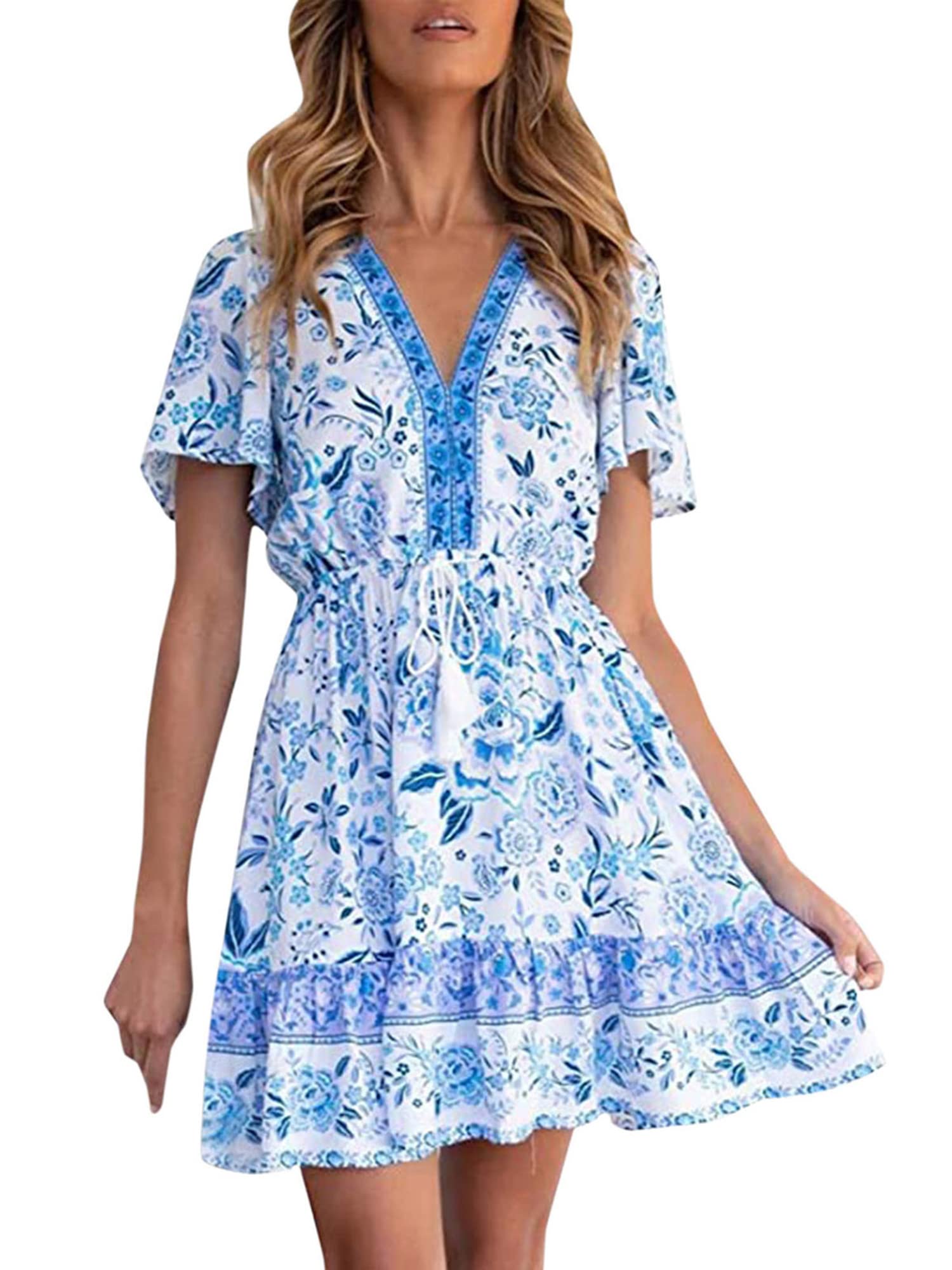 Boho Floral Mini Dress for Women - Short Sleeve V Neck Ruffle Sundress with Drawstring Waist | Perfect for Beach Vacations, Summer Parties & Casual Outings