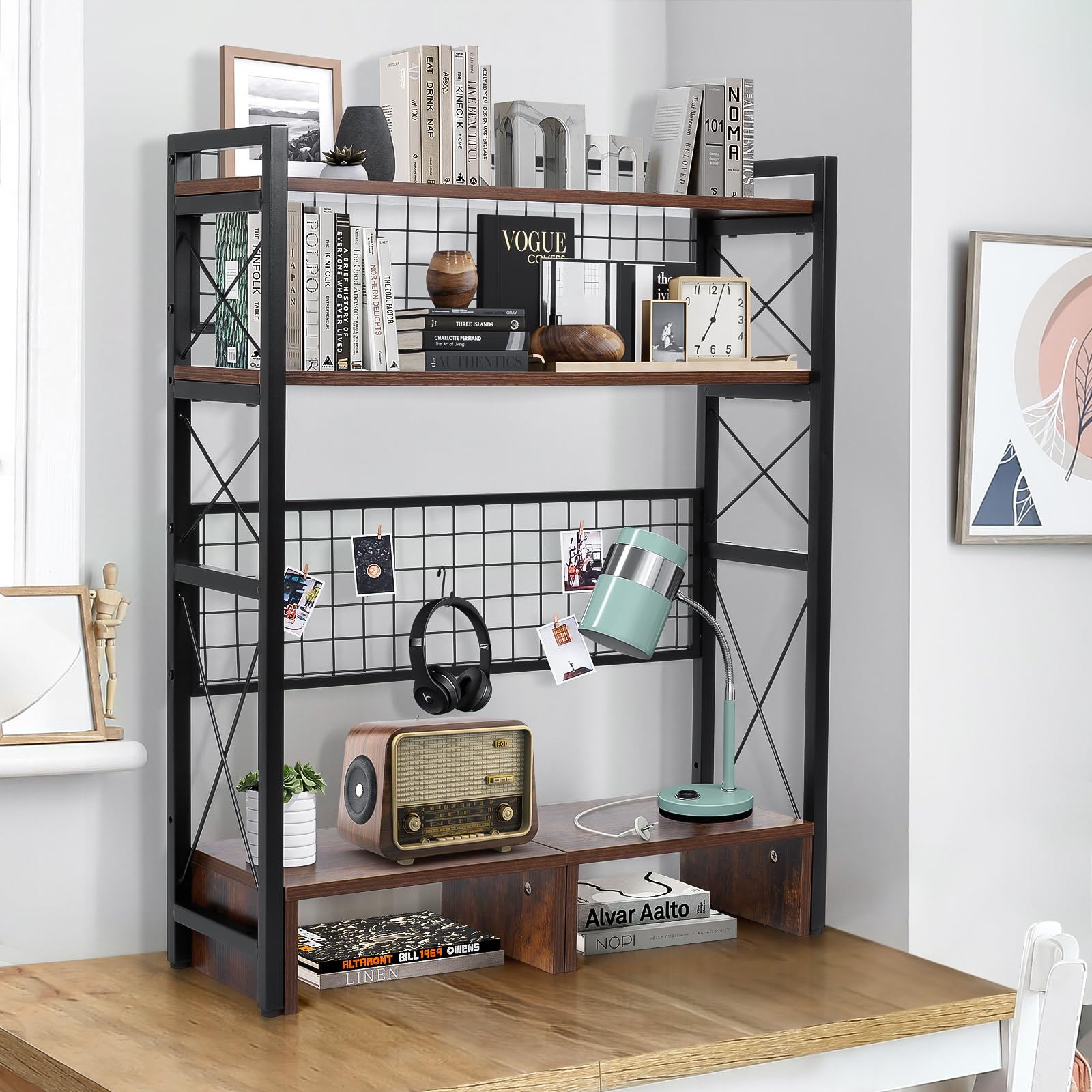 3-Tier Adjustable Wooden Desktop Bookcase Organizer - Multipurpose Desk Hutch & Bookshelf for Office Supplies, Home, Dormitory - Brown | Perfect for Workspace, Study Room & Small Space Storage