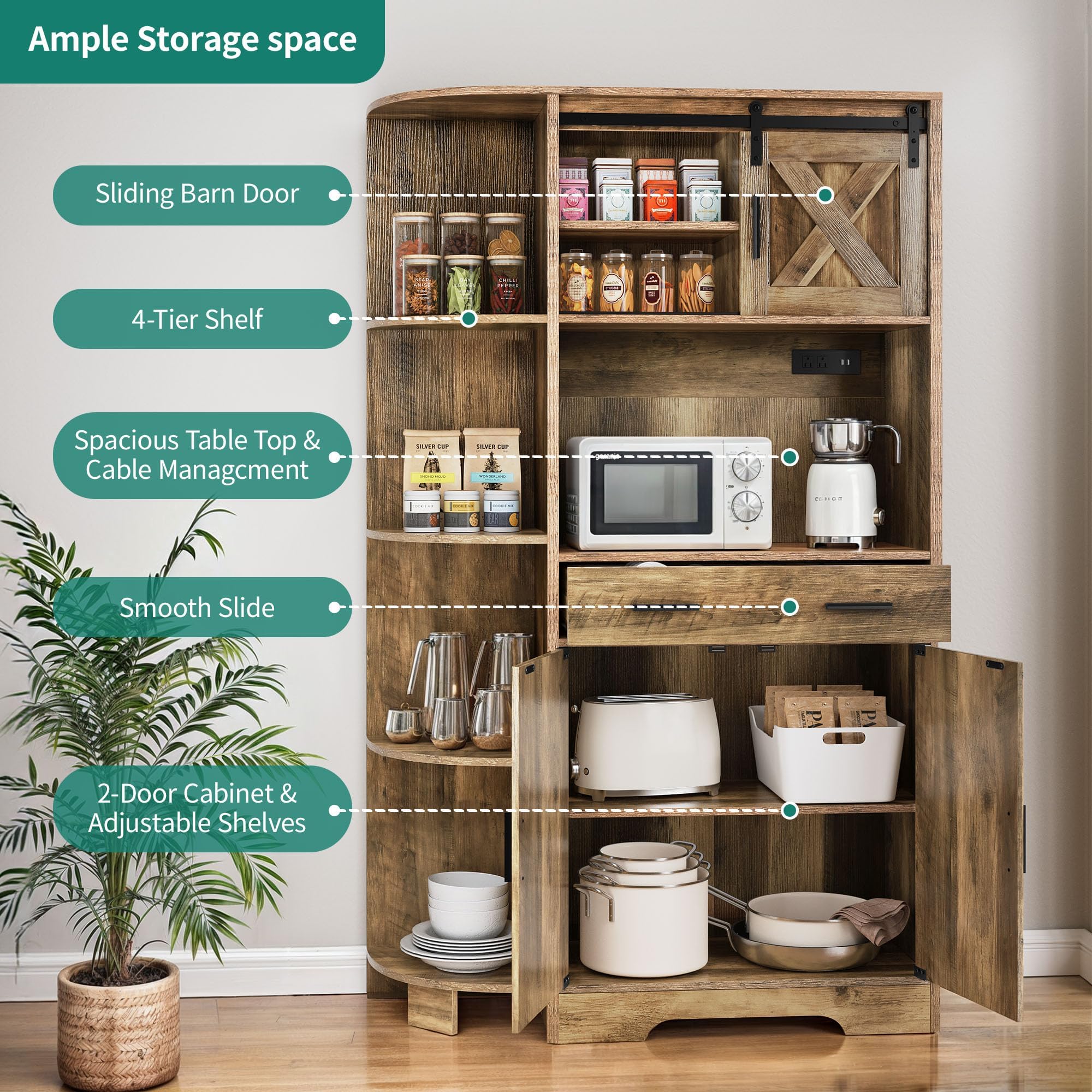 YITAHOME 67 Inch Farmhouse Kitchen Pantry Cabinet with Sliding Barn Door & Power Outlet - Freestanding Storage Hutch with Shelves, Drawers - Microwave Stand, Large Cupboard for Dining Room & Kitchen - Oak Finish - Perfect for Small Space Organization & Home Decor