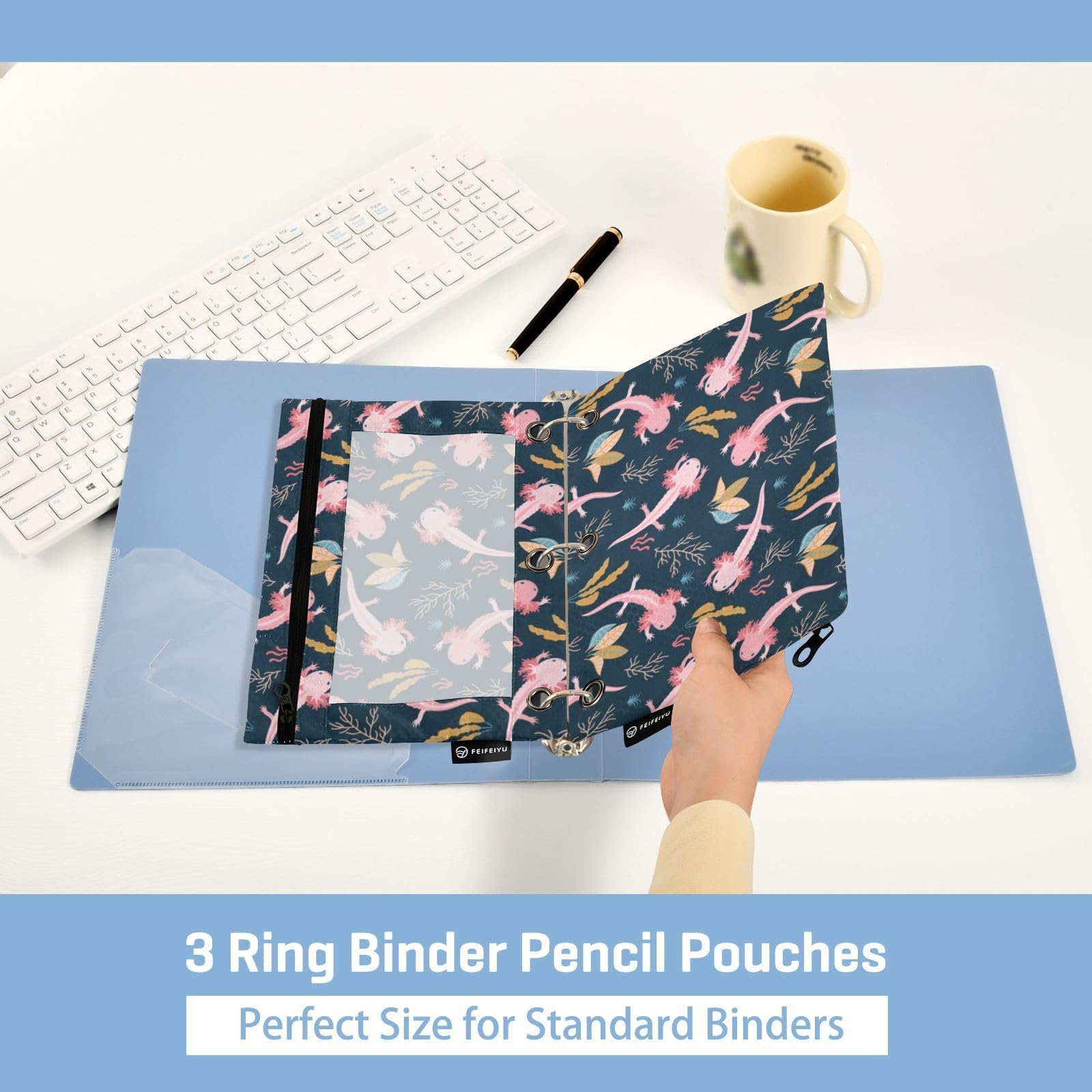 2 Pack Cute Axolotl Pencil Pouches for 3-Ring Binders - Zippered School & Office Organizer with Reinforced Grommets - Perfect for Students, Teachers & Back to School Supplies