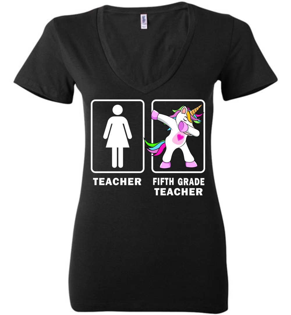 Funny 5th Grade Teacher Appreciation Gift - Dabbing Unicorn Tiny Humans Black V-Neck T-Shirt for Women | Perfect for Teacher Week, End of Year Gifts & Classroom Celebrations