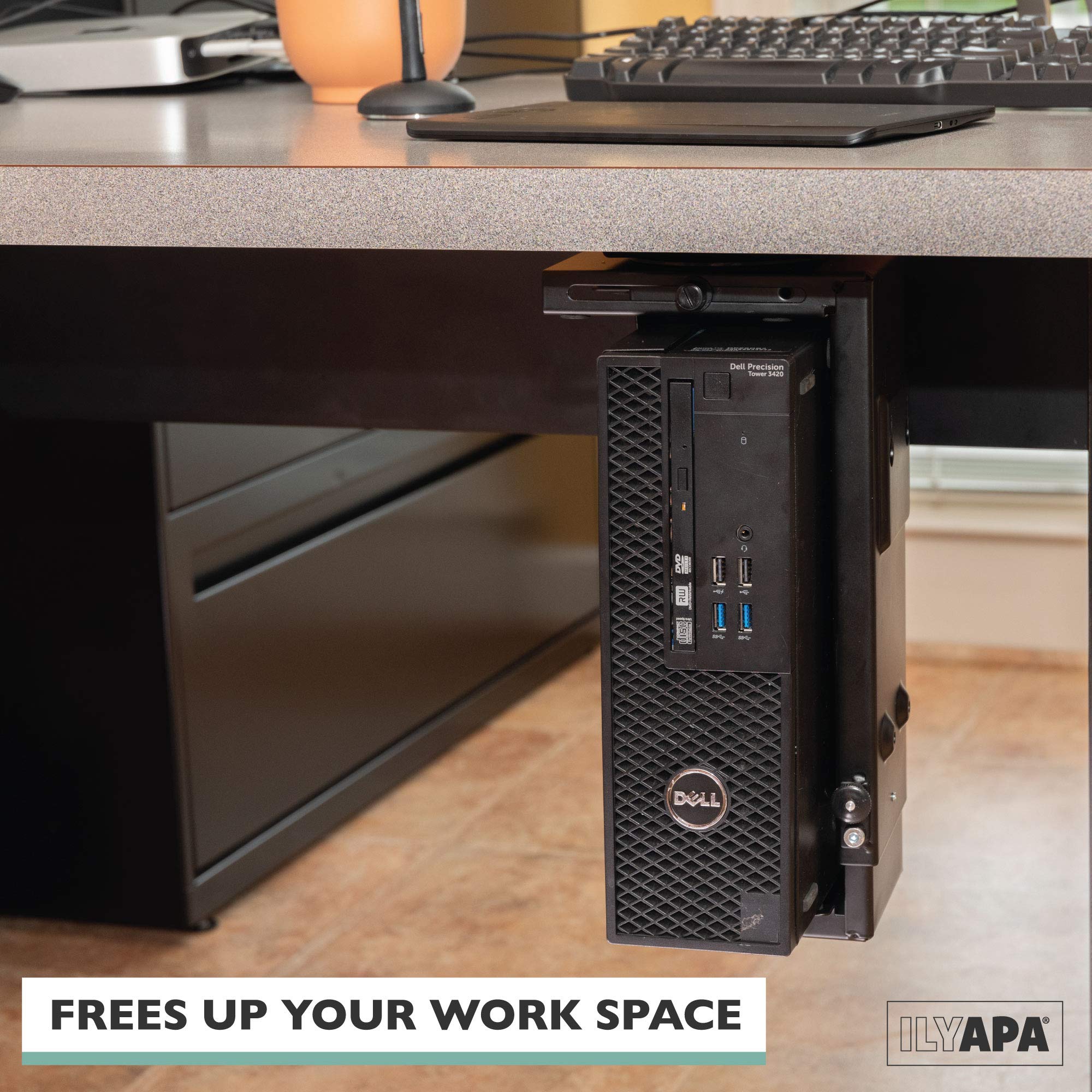 Ilyapa Under Desk CPU Mount with 360° Swivel - Space Saving Computer Tower Holder for PC Desktop - Perfect for Home Office & Gaming Setup