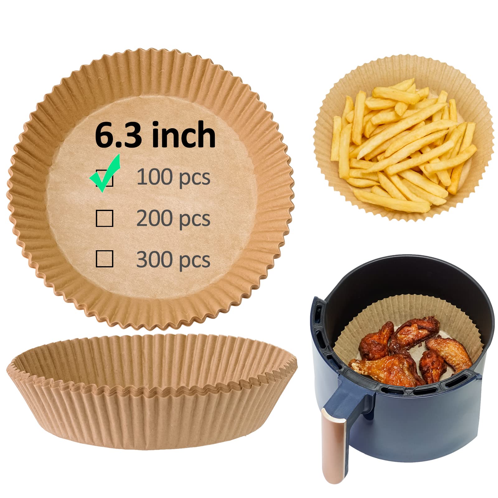 100-Pack Air Fryer Disposable Paper Liners - 6.3 Inch Non-Stick Baking Sheets for Frying, Roasting & Microwave Cooking | Oil-Proof & Water-Resistant | Perfect for Air Fryers, Toaster Ovens & Countertop Cooking