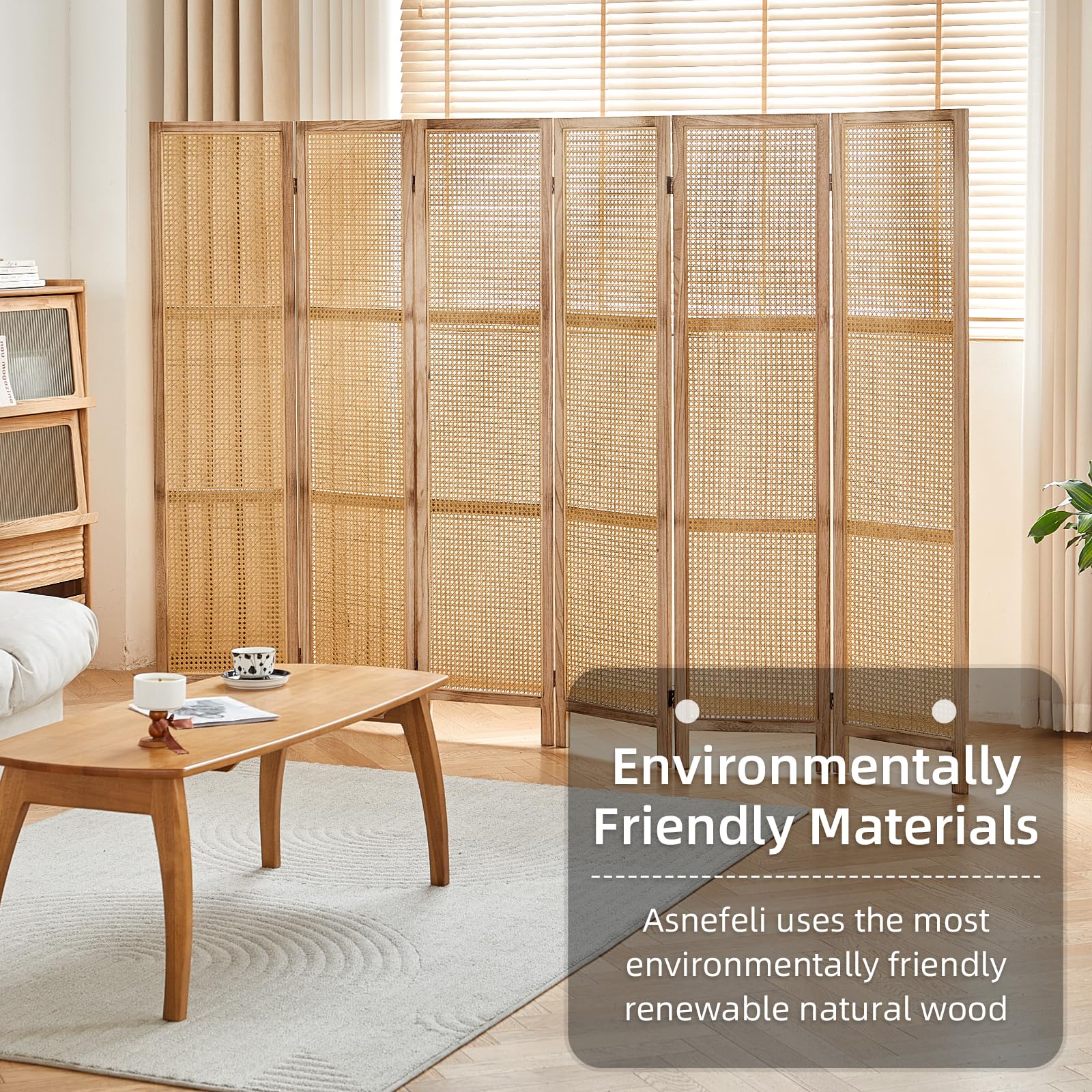 6 Panel Rattan Room Divider Screen - 5.6 Ft Tall Foldable Wooden Partition Wall - Freestanding Privacy Screen for Home, Office & Bedroom - Natural Woven Design - Perfect for Room Separation, Zen Decor & Space Division