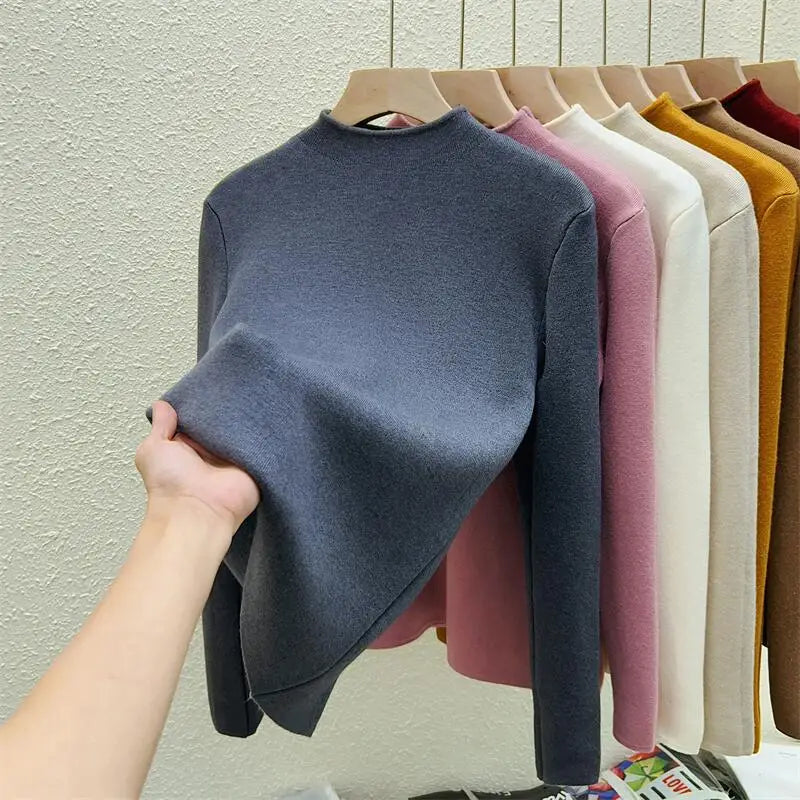 Women's Solid Half High Neck Velvet Sweater - Korean Fashion Warm Knitwear Long Sleeve Pullover Top for Autumn Winter | Cozy Casual Wear, Office Outfits & Holiday Layering