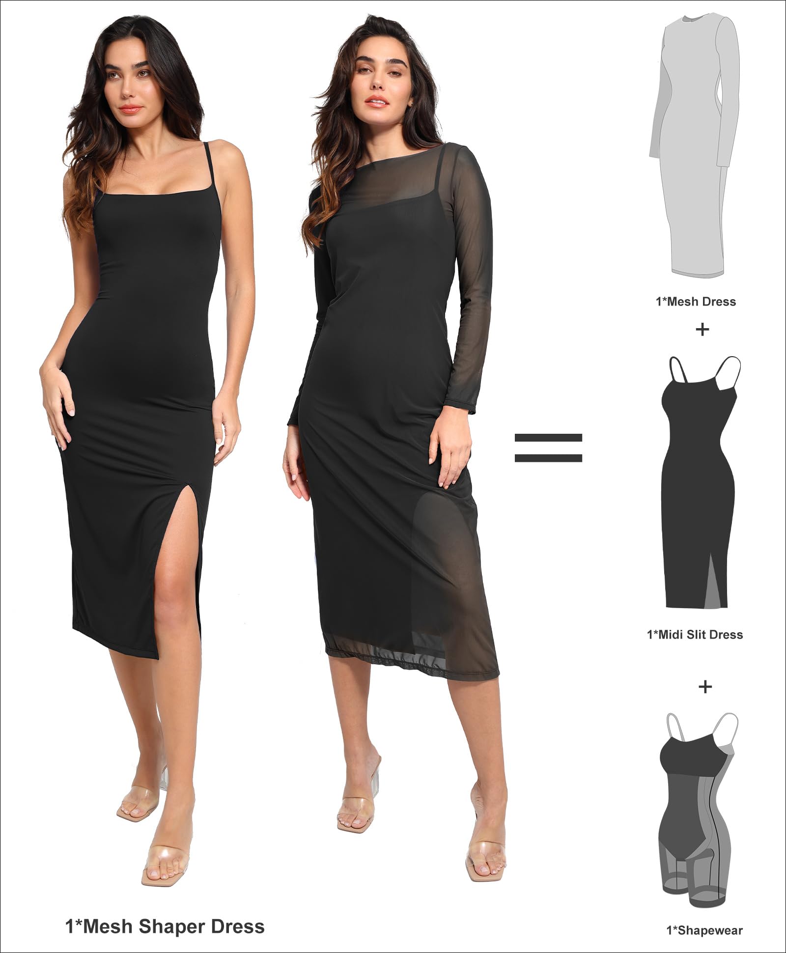 Popilush Women's Mesh Shapewear Corset Dress - Sexy Two Piece Club Outfit with High Slit for Date Night & Evening Parties