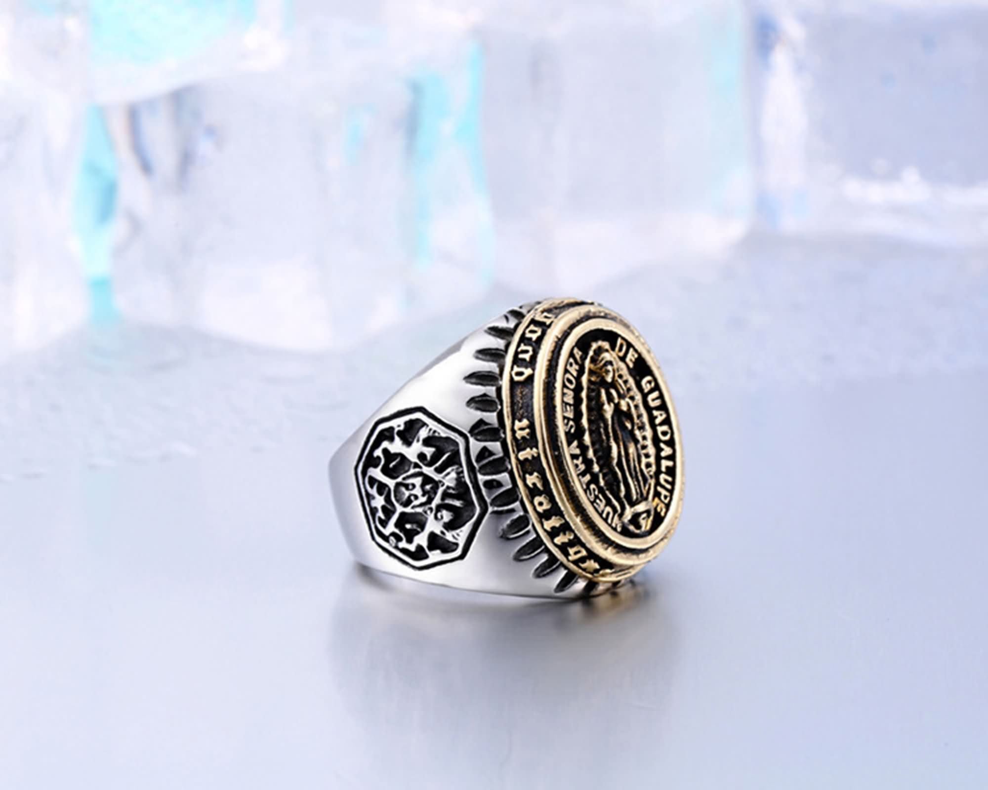 AueDsa Stainless Steel Men's Wedding Band Ring - Gold & Silver Virgin Mary Religious Ring - Size T 1/2 - Perfect for Engagement, Promise Rings & Religious Gifts