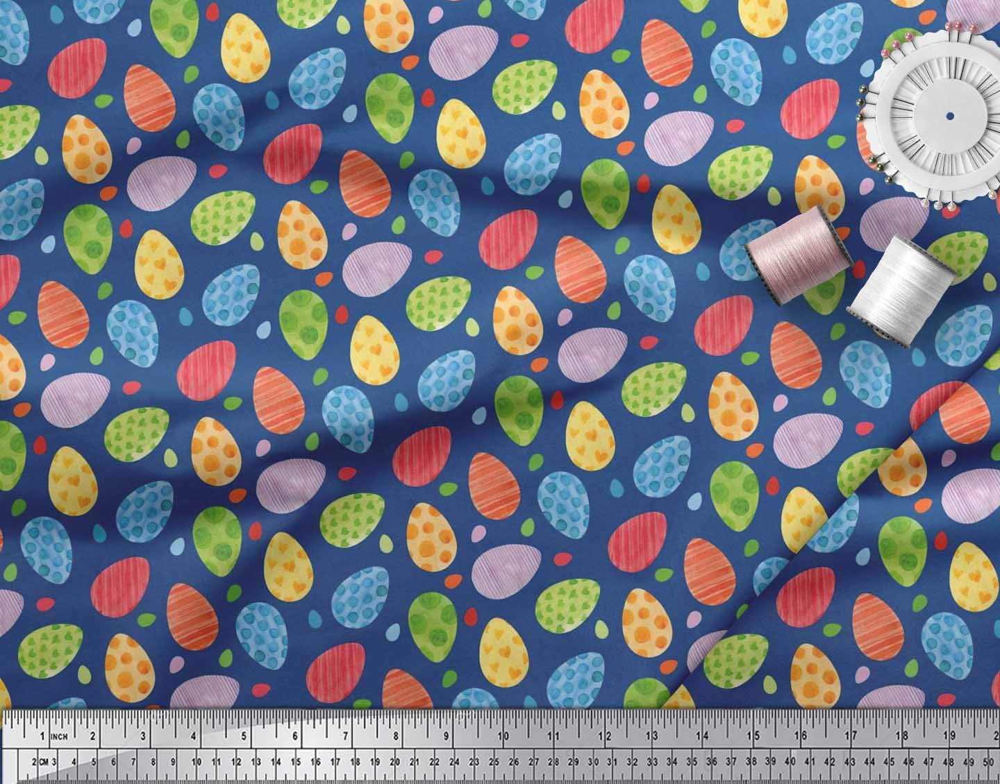 Soimoi Blue Polyester Crepe Fabric by The Yard - 42 Inch Wide Easter Egg Pattern Textile - Playful Printed Fabric for DIY Crafts, Easter Decorations & Spring Sewing Projects