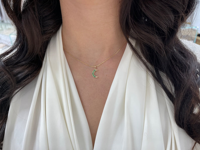 0.40tcw Natural Emerald Round Cut Crescent Half Moon Pendant in 14K Gold - Elegant Necklace for Women, Perfect Gift for Birthday, Anniversary & Valentine's Day