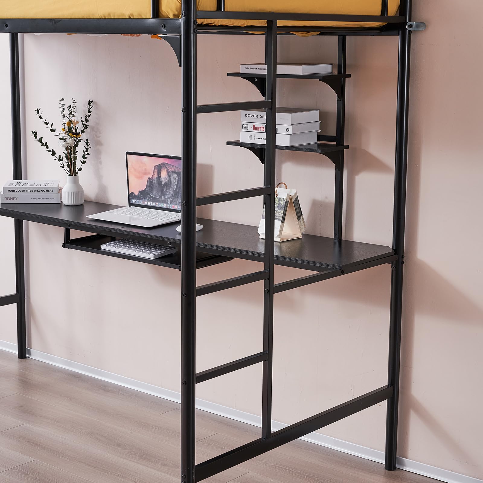 Karl Home Twin Loft Bed with Desk & Storage Shelves - Space Saving Bunk Bed for Kids, Teens & Adults - No Box Spring Needed - Quiet Study & Sleep Solution - Perfect for Small Bedrooms, Dorms & Apartments (Black)