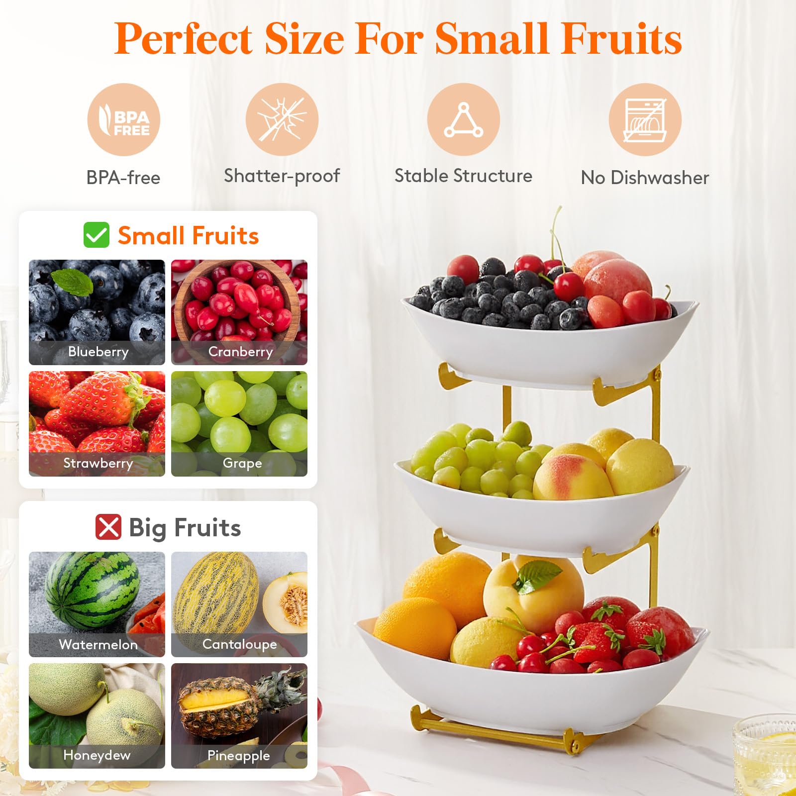 3-Tier Plastic Fruit Bowl Basket with Gold Metal Stand - Kitchen Countertop Organizer for Fruits, Vegetables, Cakes & Desserts | Perfect for Party Serving, Dining Room Decor & Gift Giving