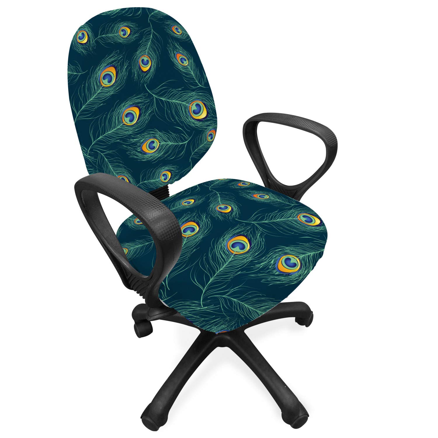 Ambesonne Feather Office Chair Slipcover - Colorful Peacock Feather Design on Dark Background, Stretchable & Washable Fabric Cover, Standard Size - Perfect for Home Office, Study Room & Workspace Decor