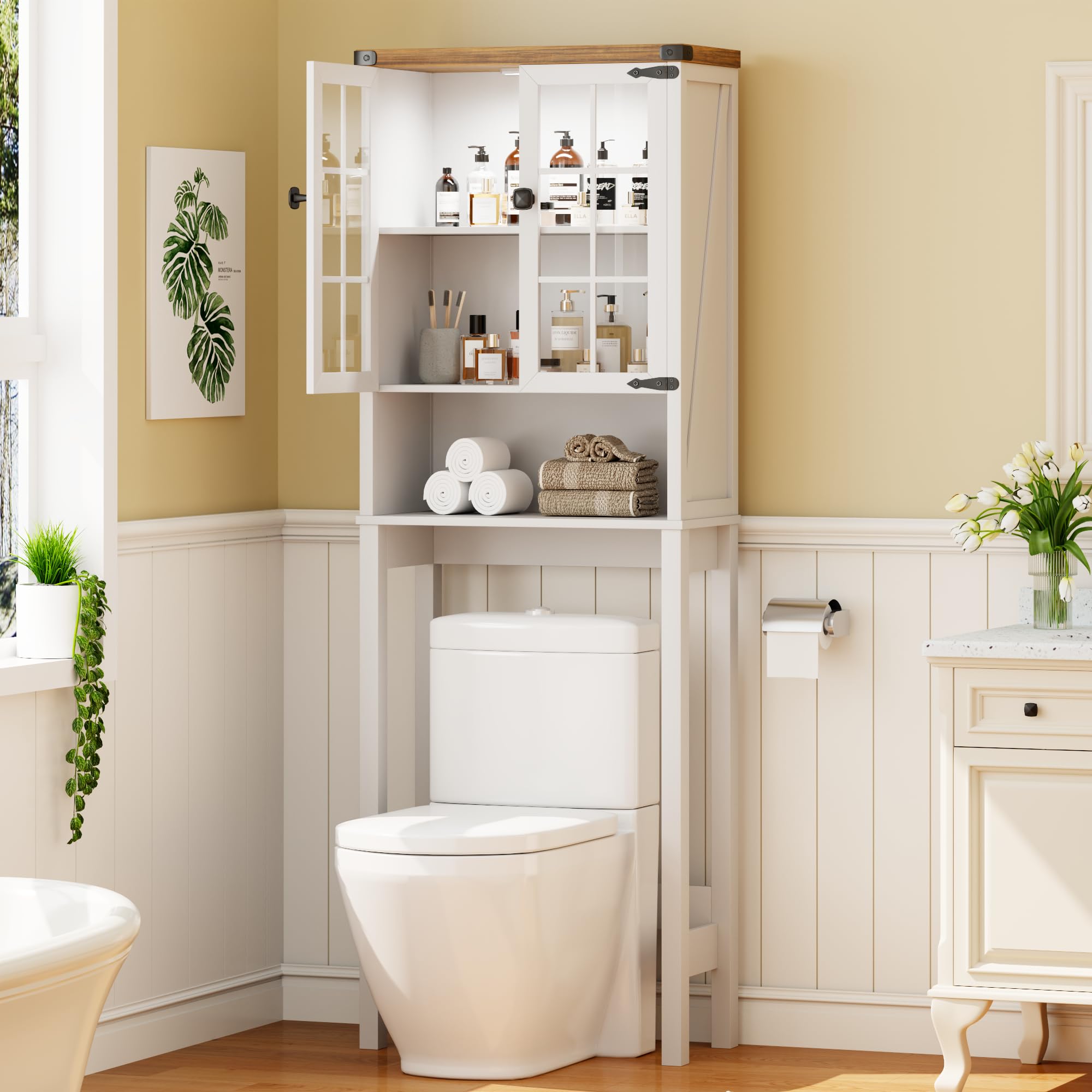 Over The Toilet Storage Cabinet with Shelves & Doors - White Bathroom Organizer with Anti-Tip Design & Ceiling Light - Space Saving Free Standing Toilet Shelf for Bathroom, Bedroom or Laundry Room Organization