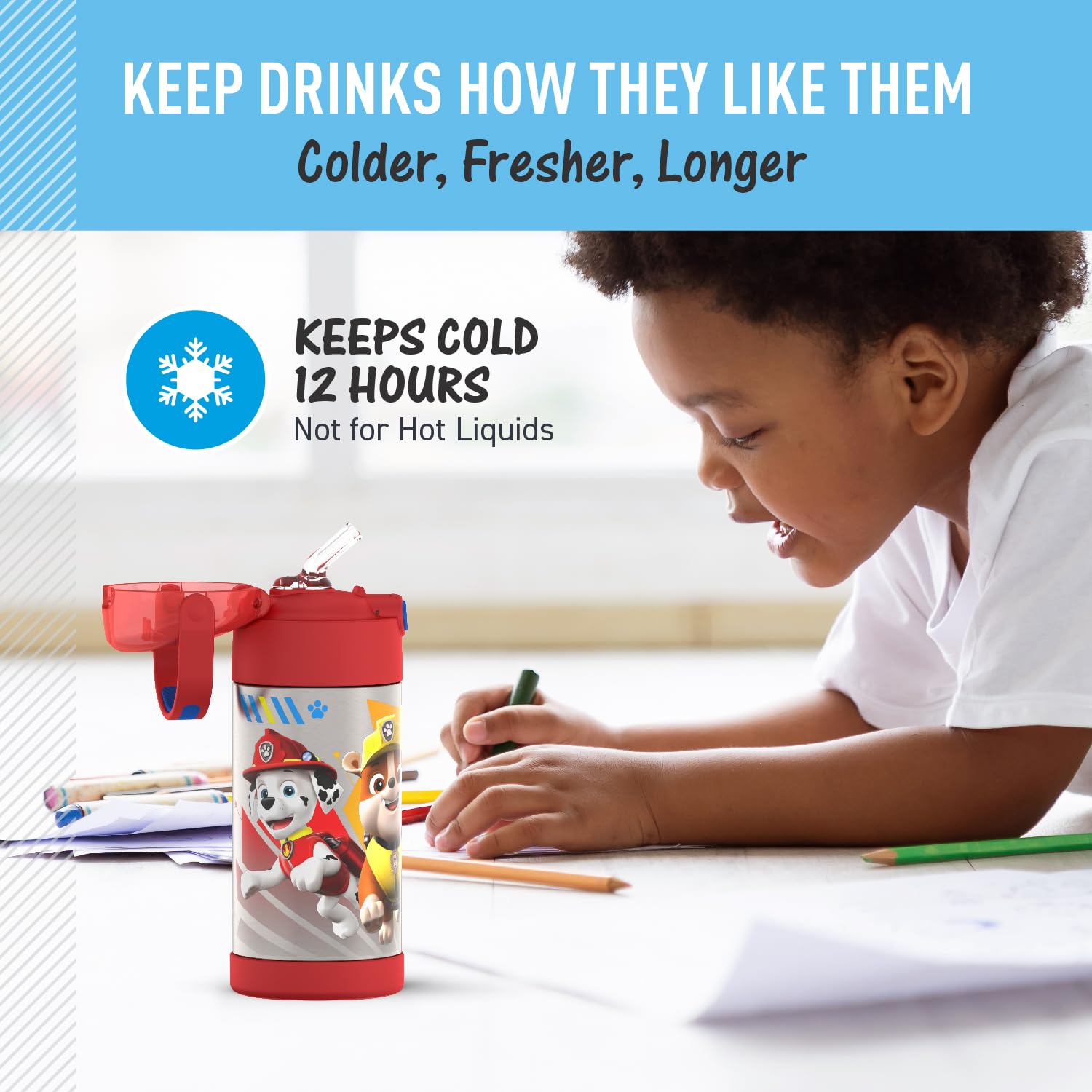 THERMOS FUNTAINER Kids Stainless Steel Vacuum Insulated Water Bottle with Straw & Lid - 12oz Paw Patrol Design - Keeps Drinks Cold for 24 Hours - Perfect for School, Outdoor Activities & Travel