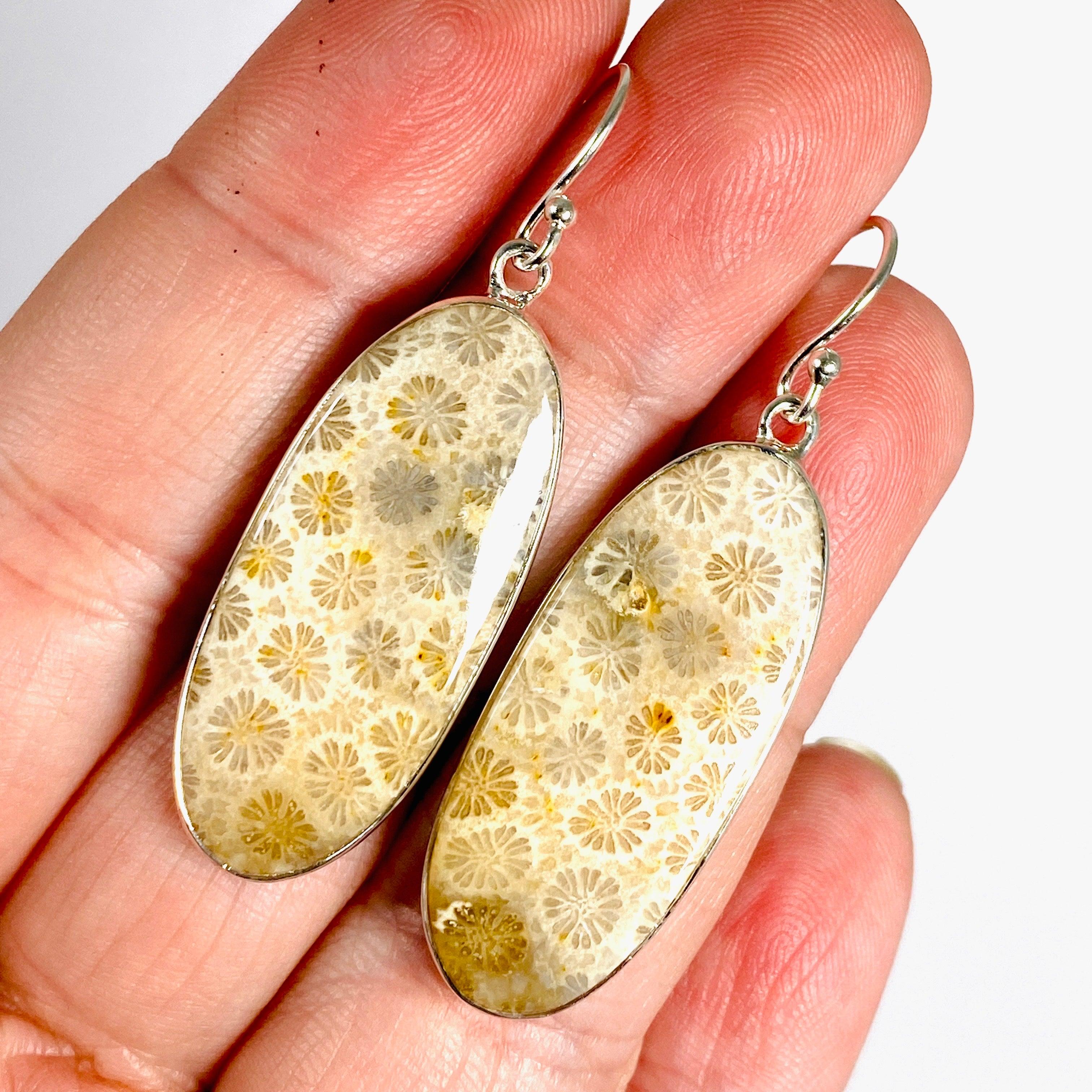 Fossil Coral Oval Earrings for Women - Natural Stone Dangle Jewelry KEGJ1379 - Perfect for Beach Weddings, Boho Outfits & Gift Giving