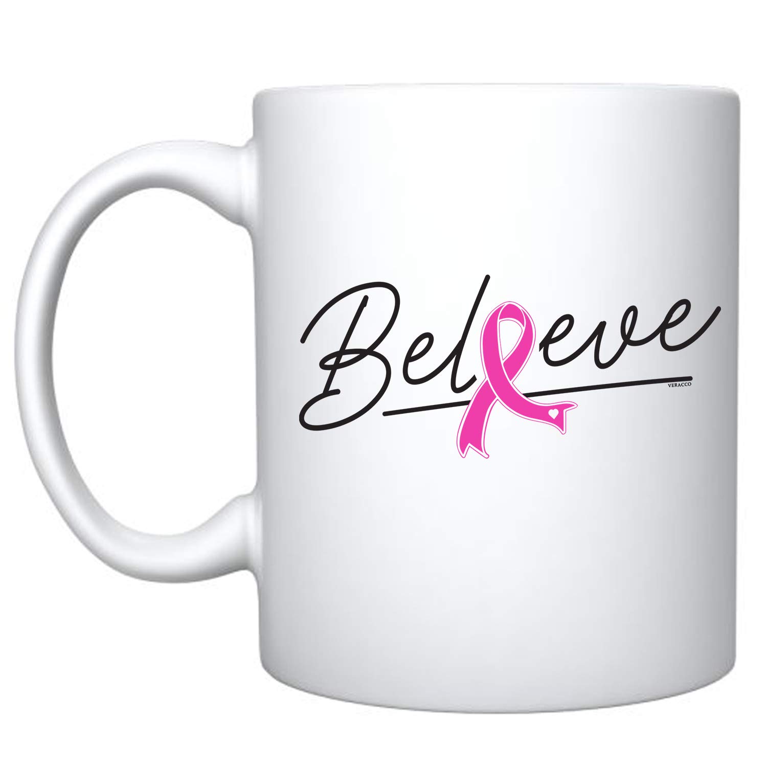 Veracco Believe Ribbon Ceramic Coffee Mug - 15oz Breast Cancer Awareness Gift with Pink Ribbon Design, Inspirational White Cup for Tea & Coffee - Perfect for Survivors, Fundraisers & Supportive Gifts