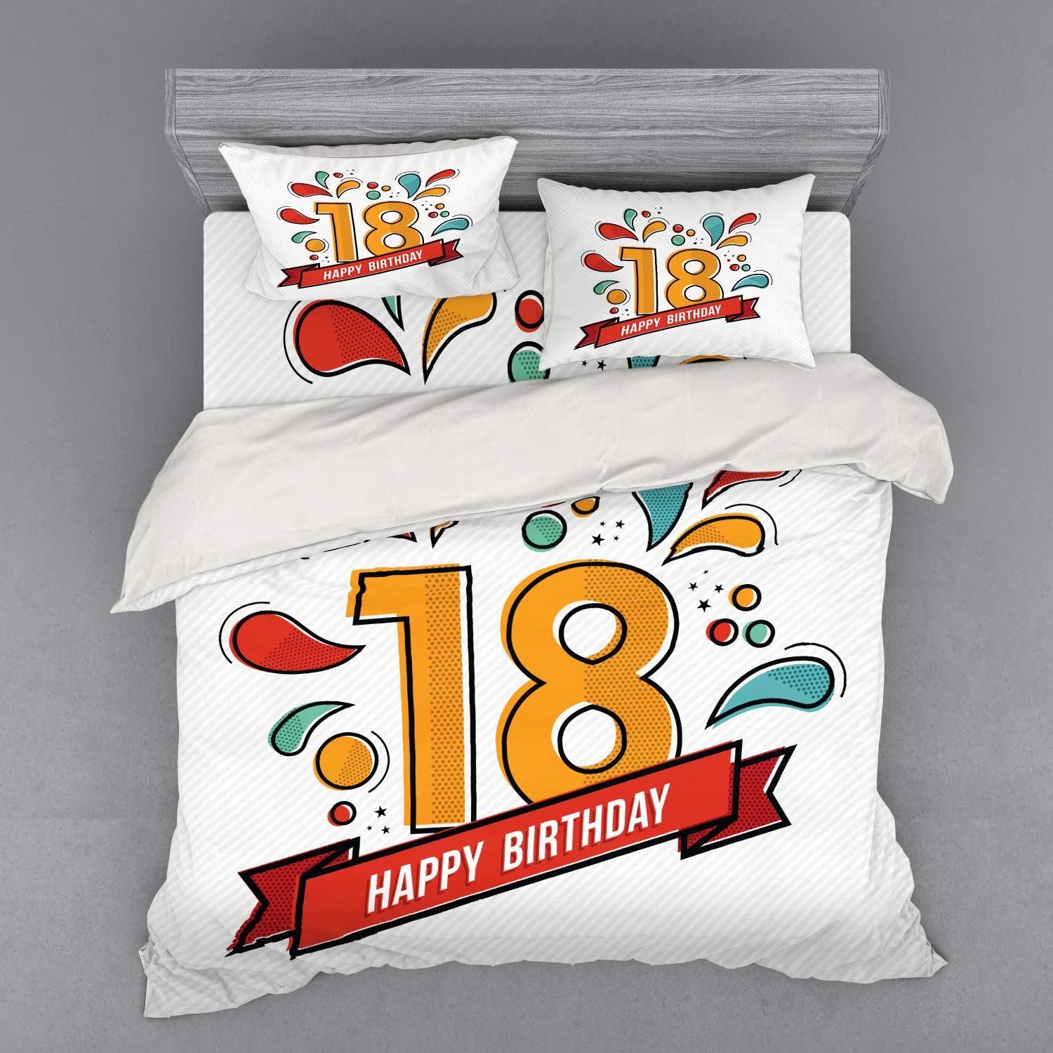 Ambesonne 18th Birthday Bedding Set - King Size 4-Piece Duvet Cover with Shams & Fitted Sheet - Vibrant Multicolor Digital Print with 'Happy 18th Birthday' Lettering - Perfect for Teen Bedrooms, Birthday Gifts & College Dorm Decor