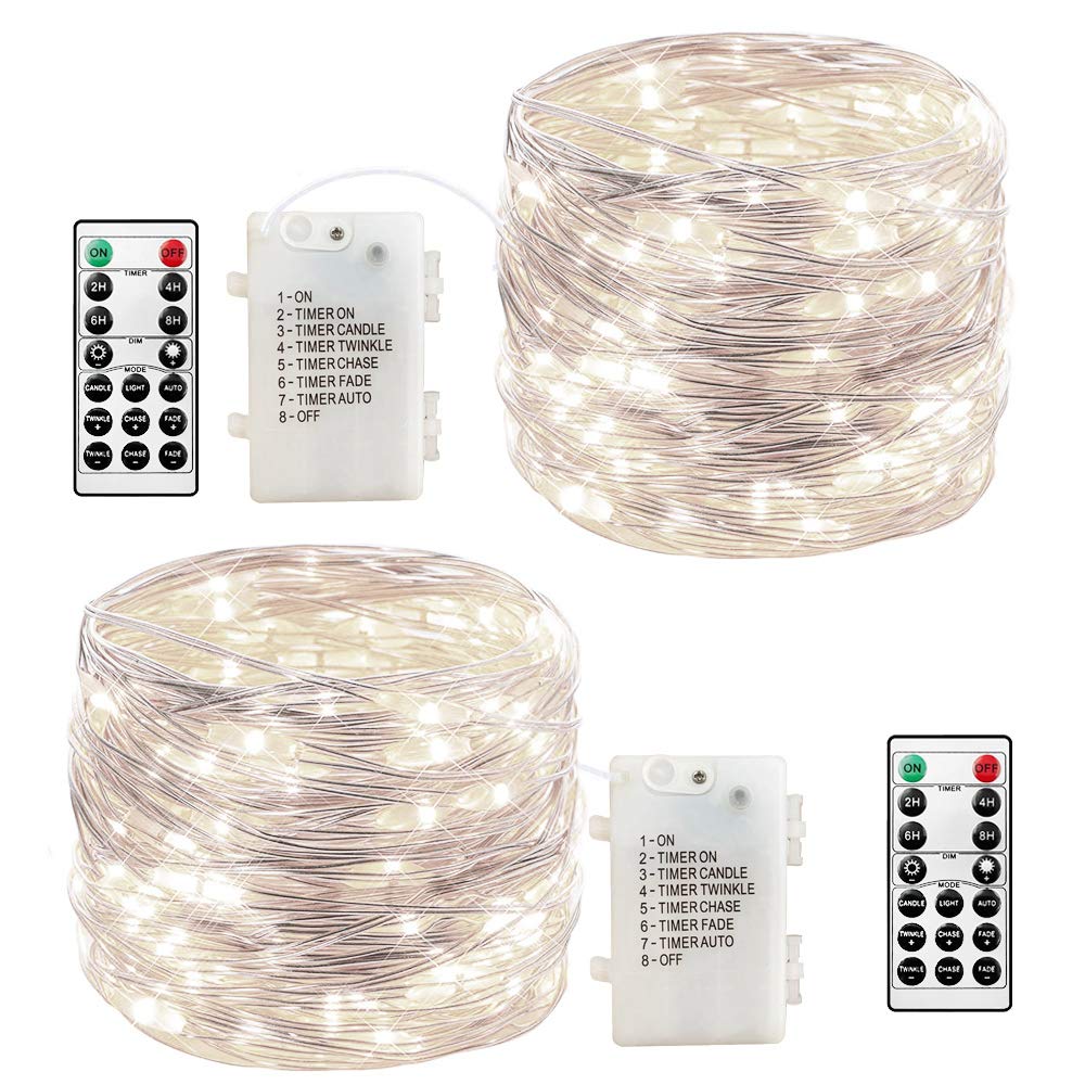 LoveNite 2 Pack 120 LED Battery Operated Fairy Lights - Waterproof Copper Wire String Lights with Remote, 8 Lighting Modes for Wedding, Christmas, Party, Indoor & Outdoor Decor (Cool White) | Perfect for Bedroom, Garden, Patio and Holiday Decoration